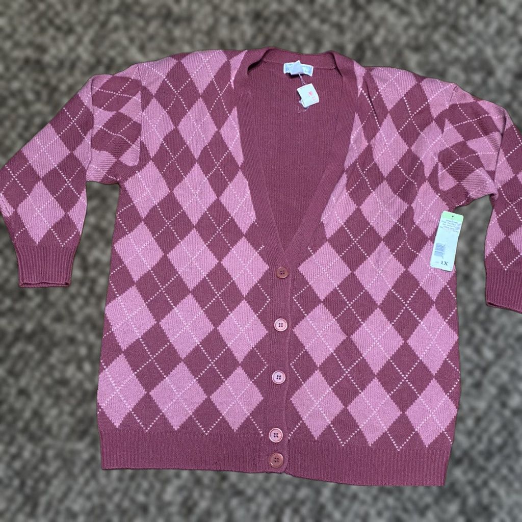 VINTAGE Rena Rowan Women's Sweater Cardigan XL Acrylic Argyle Pink