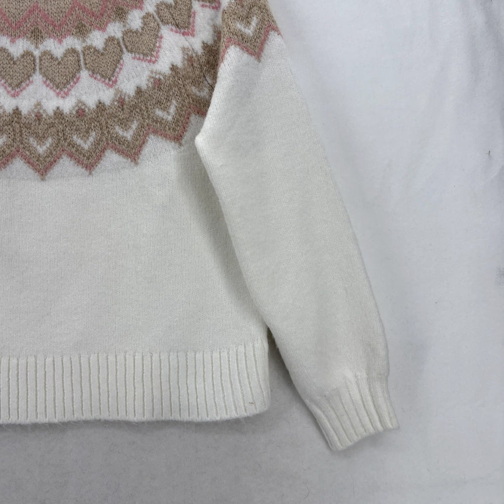 Loft LOFT Sweater Womens Large White Fair Isle Heart Crew Glitter Knit Pullover NWT Size L / US 10 / IT 46 - 3 Thumbnail