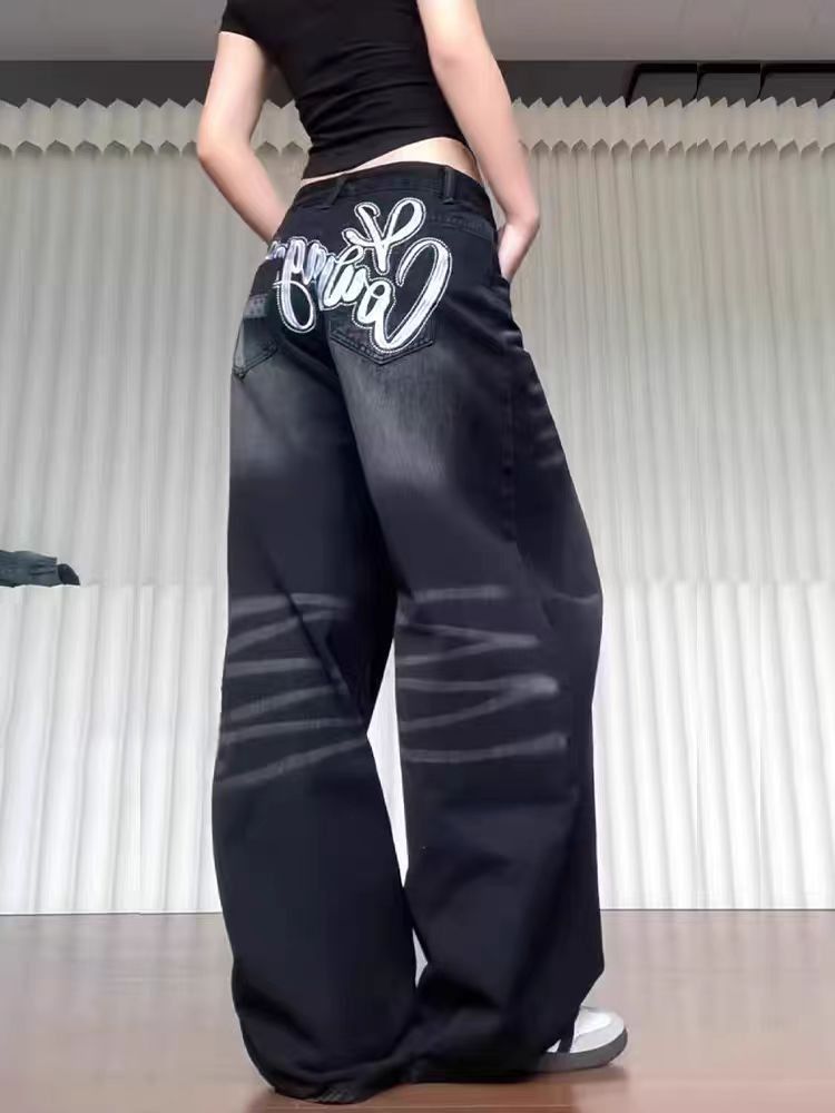 Jean Black Embroidered Loose-Fit Denim Jeans Size US 34 / EU 50 - 1 Thumbnail