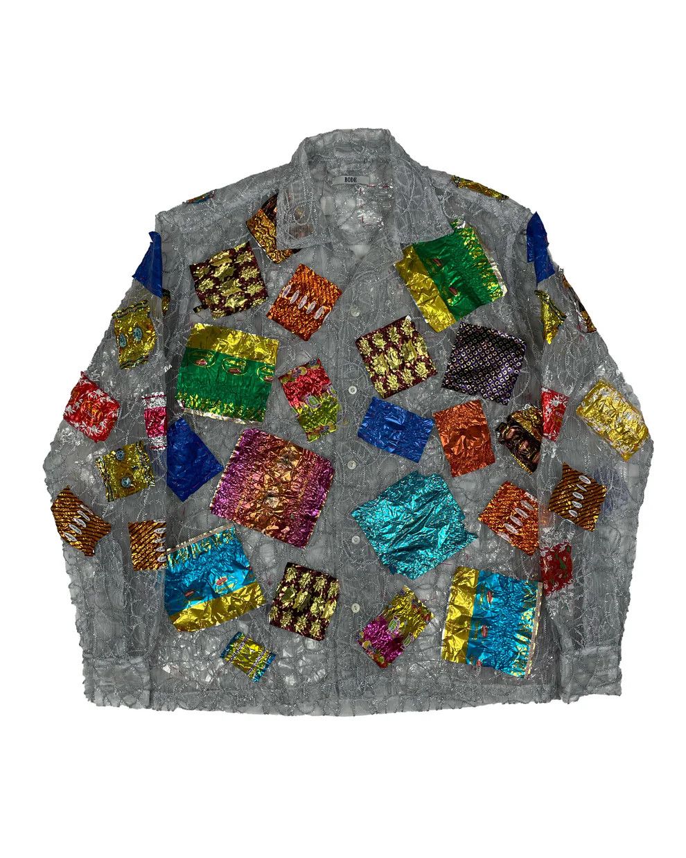 Image of Bode One-Of-A-Kind 1/1 Lace Halloween Candy Wrapper Shirt in Grey, Men's (Size XS)