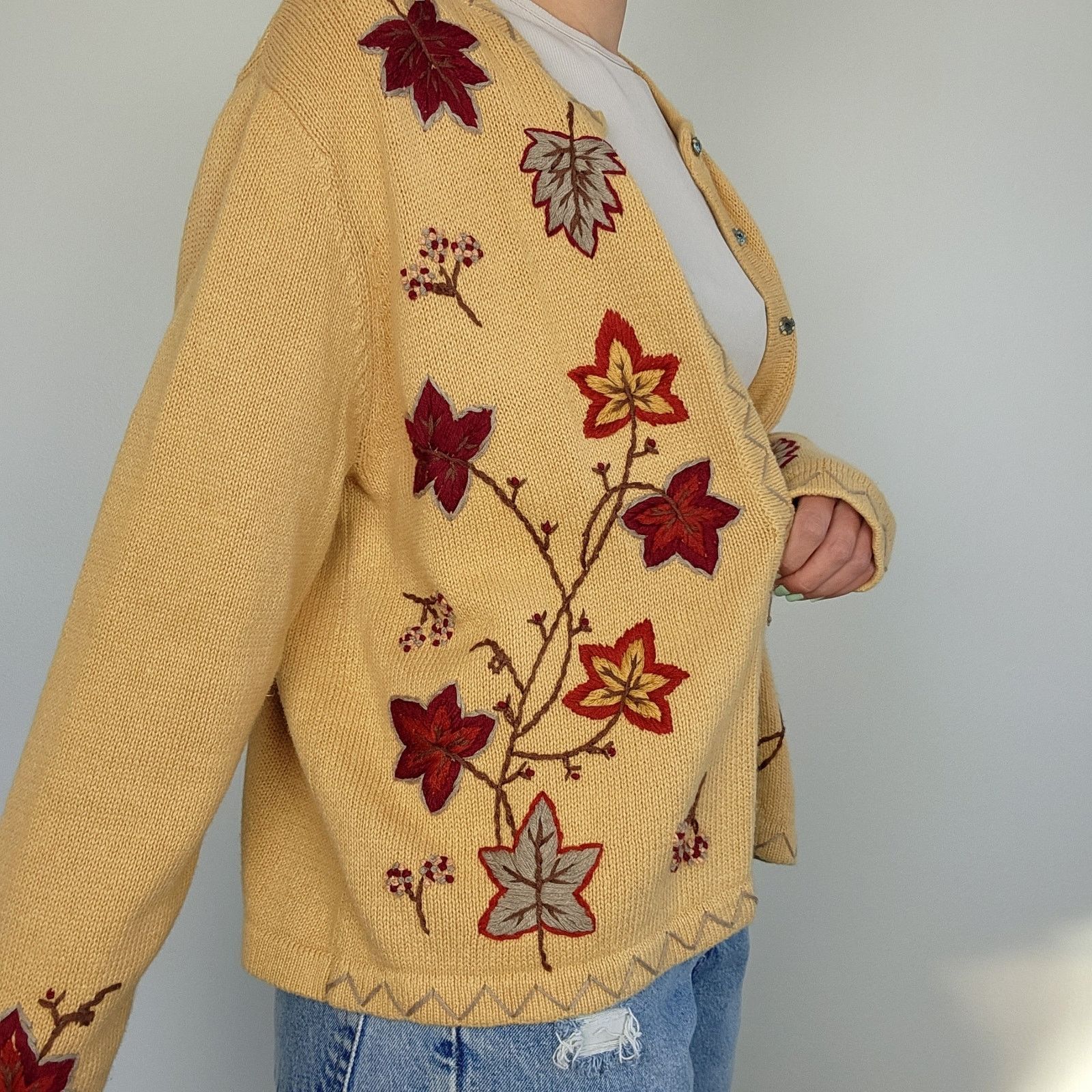 Other Vintage Leaf Cardigan Sweater Embroidered Cotton XL Size XL / US 12-14 / IT 48-50 - 7 Thumbnail