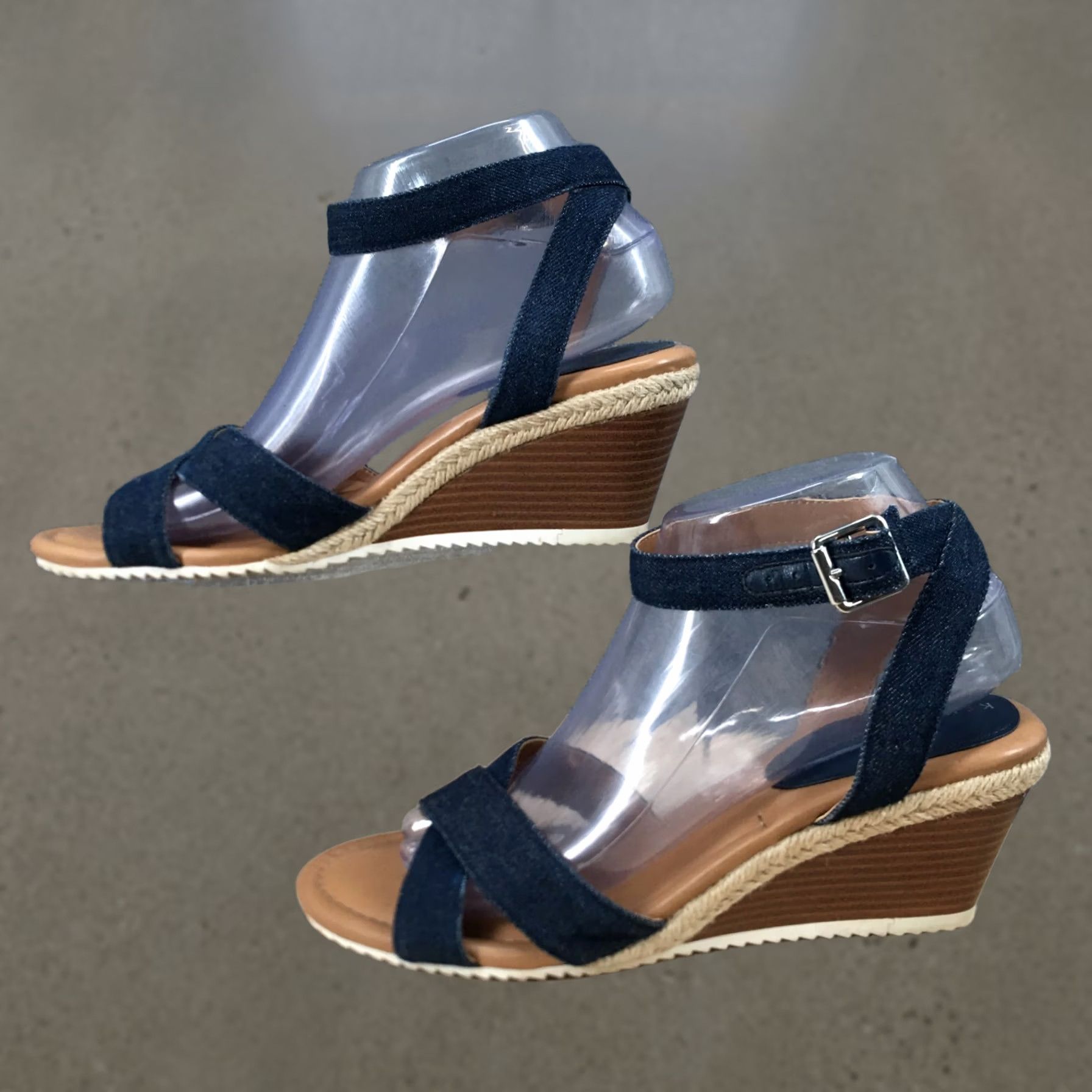 Vintage Kelly & Katie Espadrille Womens 8.5M Blue Gala Open Toe Ankle Strap Wedge Heel Sandal Adult Footwear Casual Size US 9 / IT 39 - 1 Thumbnail