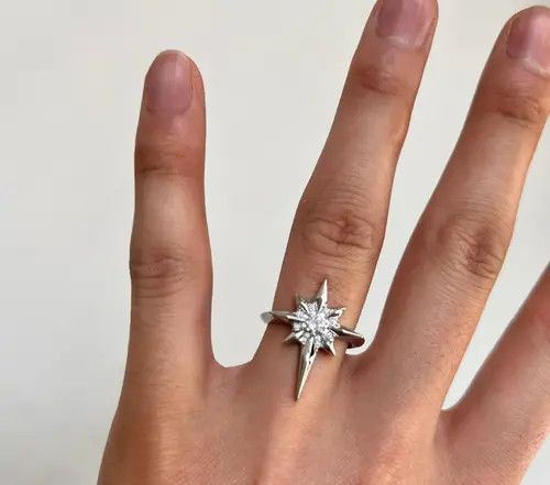 Jewelry Silver Starburst Crystal Ring, Adjustable Silver Band Size ONE SIZE - 4 Thumbnail