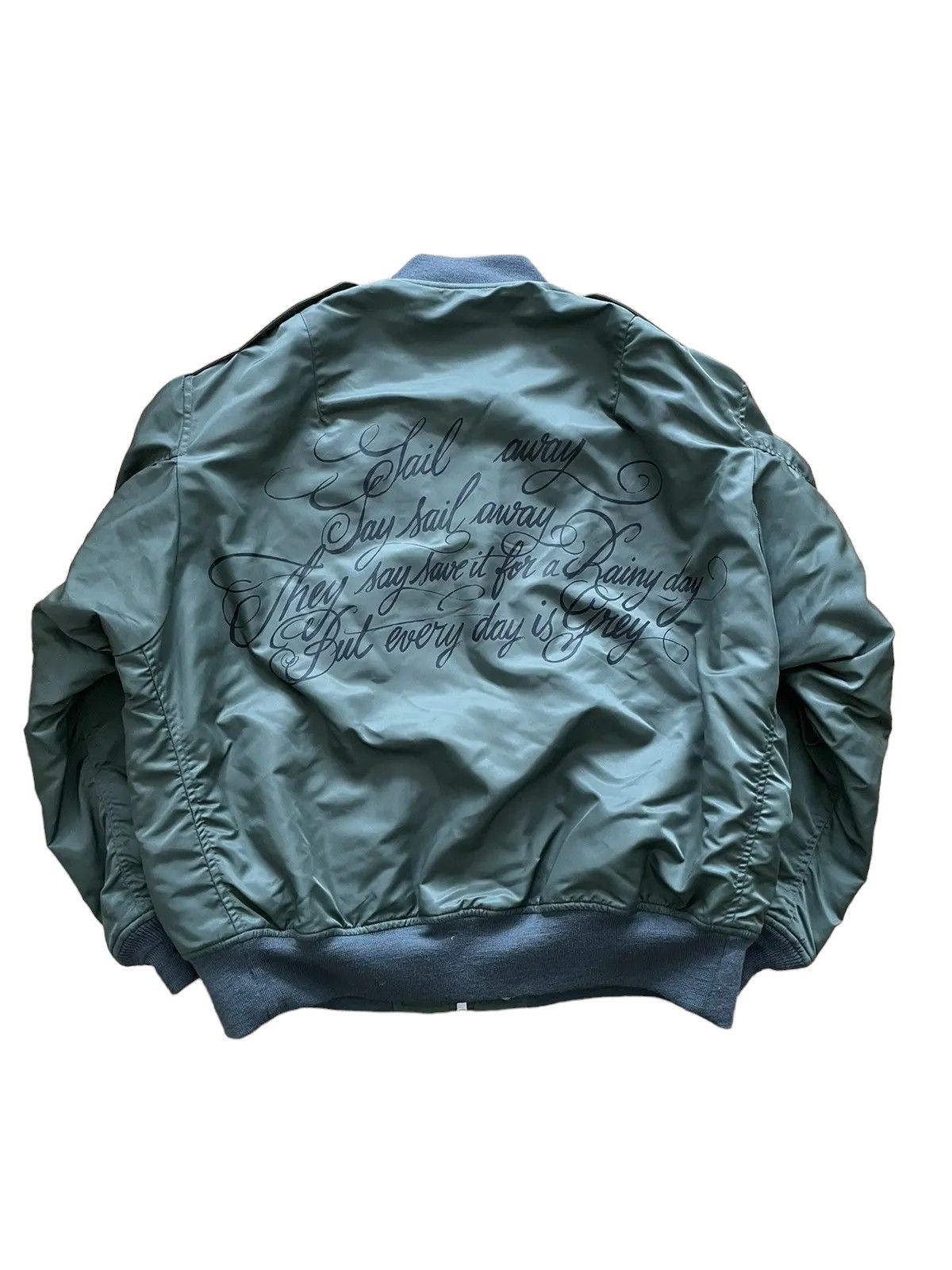 image of Junya Watanabe Junya Aw21 “Sail Away” Poem Oversized Bomber Jacket Olive, Men's (Size Medium)