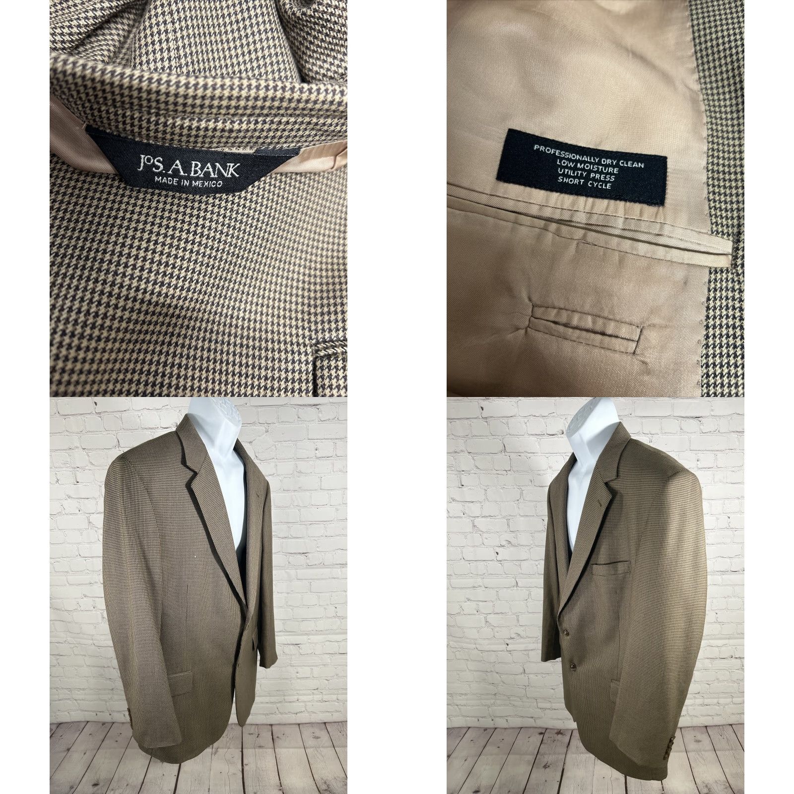 Jos. A. Bank VINTAGE Jos A Bank Brown Houndstooth Two Button Blazer Jacket 100% Wool Men’s 46R Hole Size 46R - 8 Thumbnail