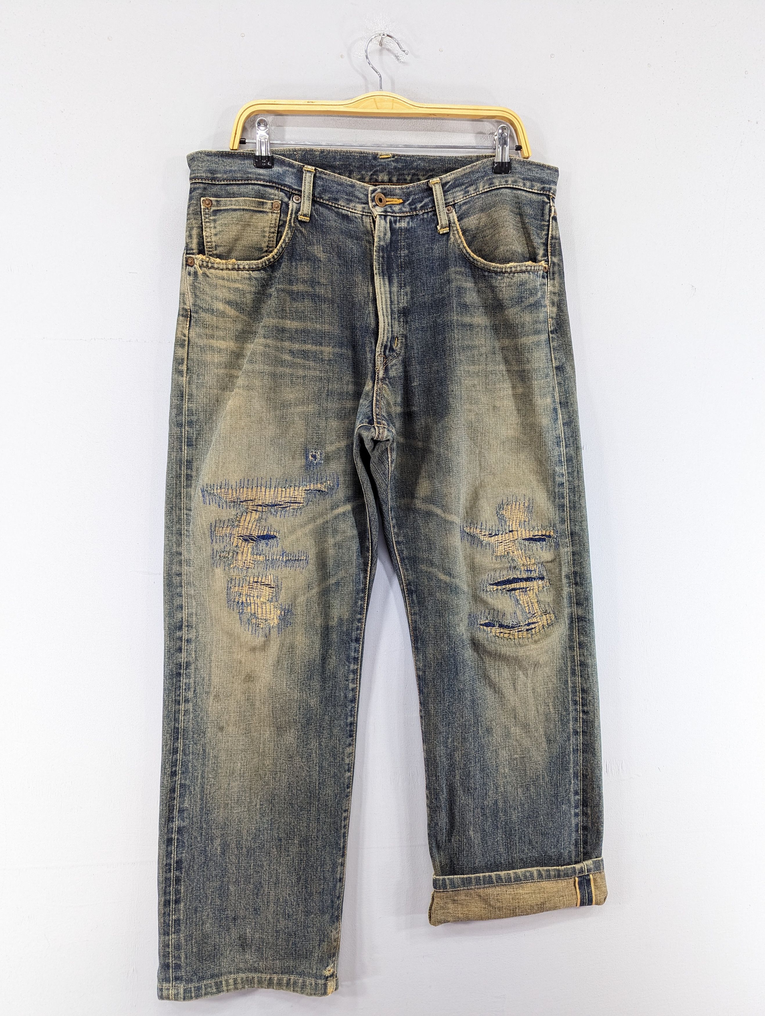 Edwin Vintage Edwin 505 X Distressed Selvedge Dirty Blue Jean Size US 35 - 3 Thumbnail