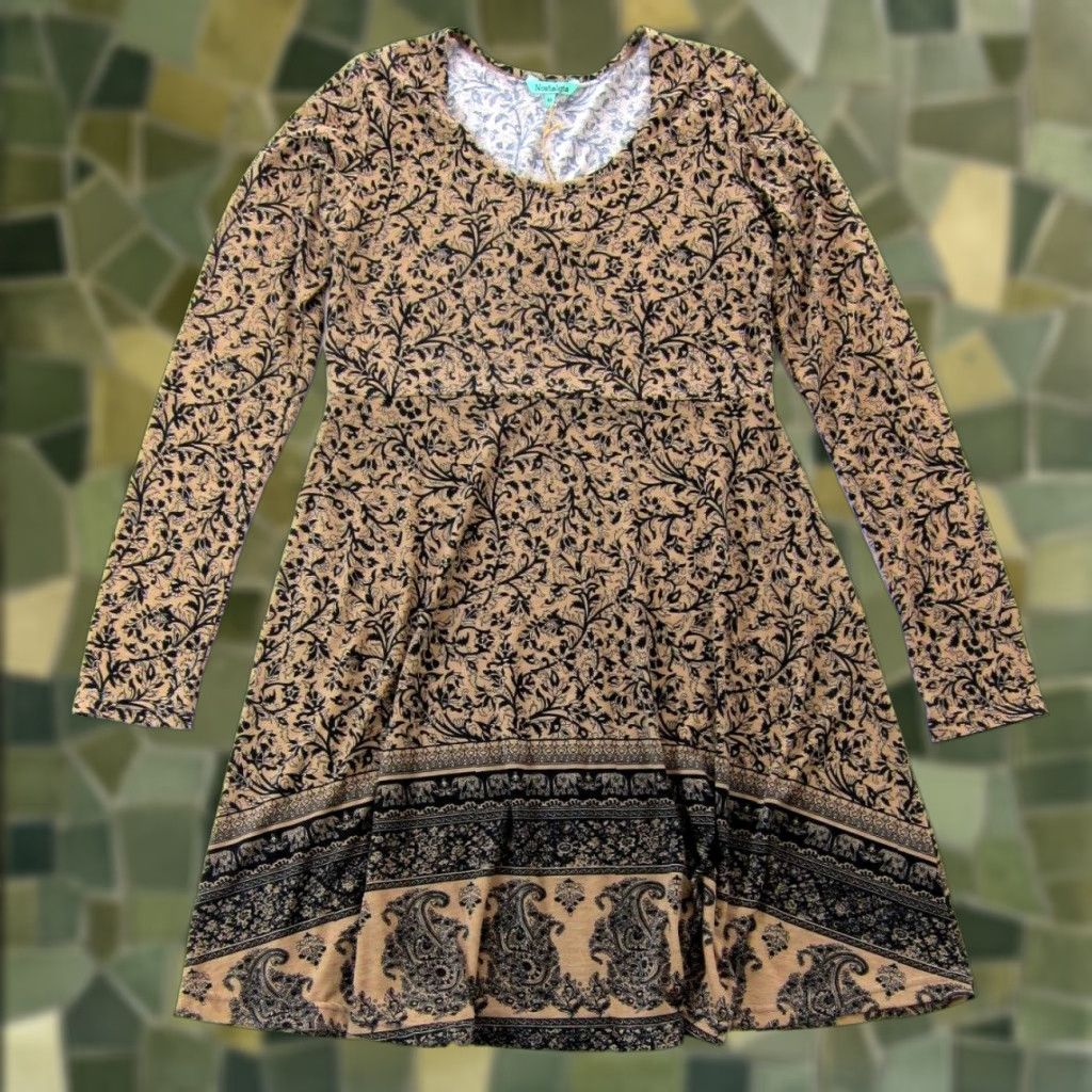 Vintage NWT Nostalgia Floral Stretch Long Sleeve Tunic Dress Brown Pattern Women's Medium Size M / US 6-8 / IT 42-44 - 1 Thumbnail