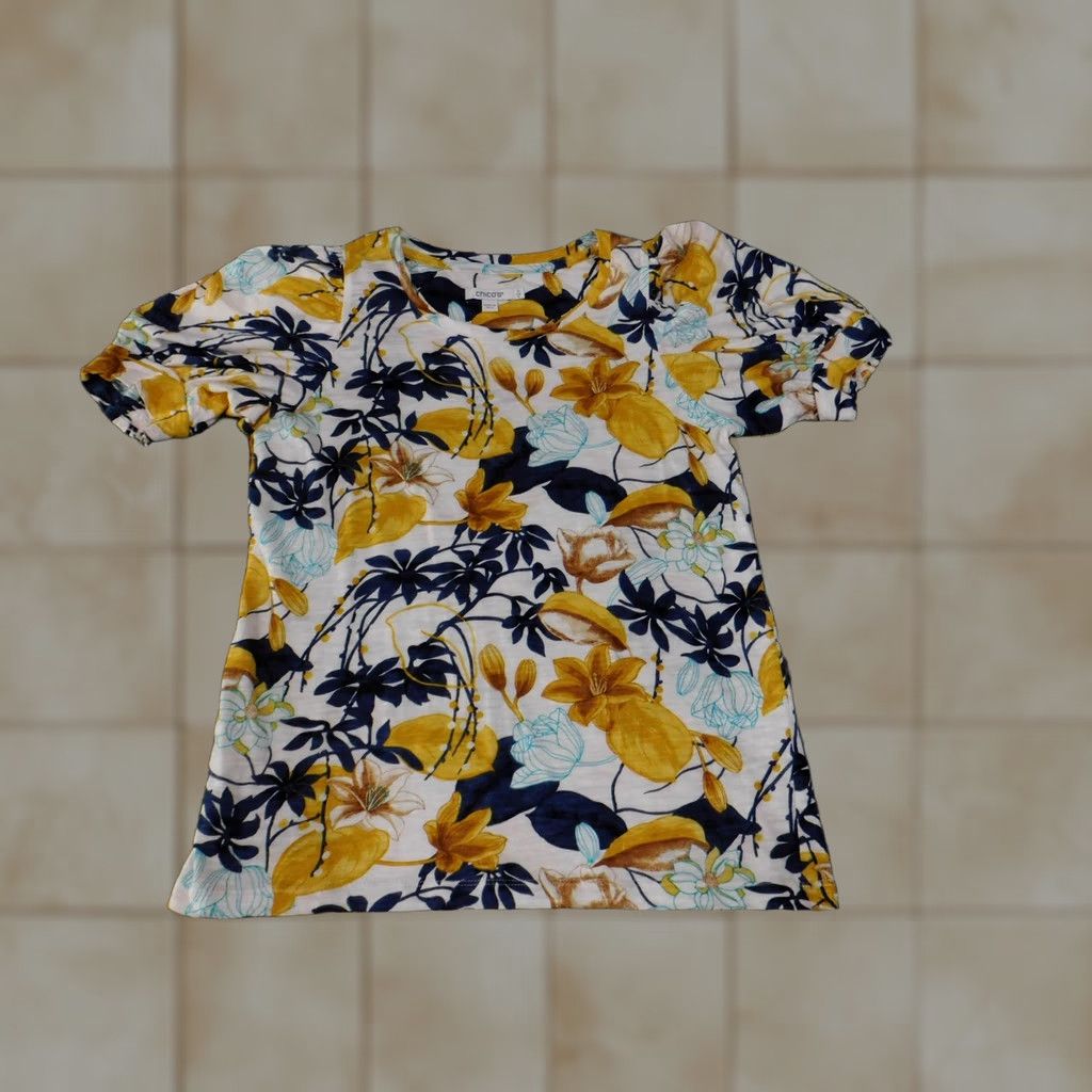 Vintage Chico's Shirt Womens Small Yellow Navy White Floral Puff Sleeve Scoop Neck Top Size S / US 4 / IT 40 - 1 Thumbnail