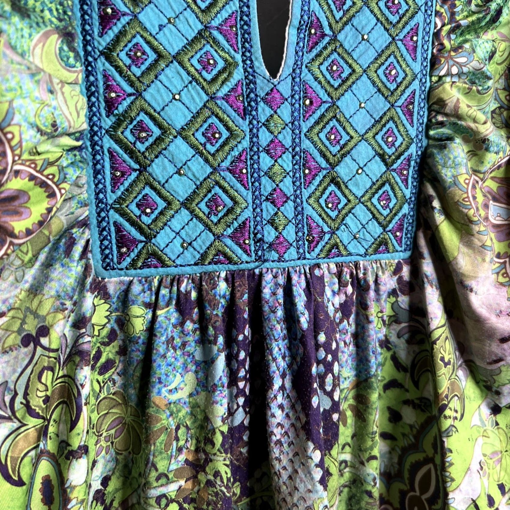 Vintage One World Plus 1X Floral Printed Sublimation Top Green Short Sleeve V-Neck Blouse Womens Size XL / US 12-14 / IT 48-50 - 3 Thumbnail