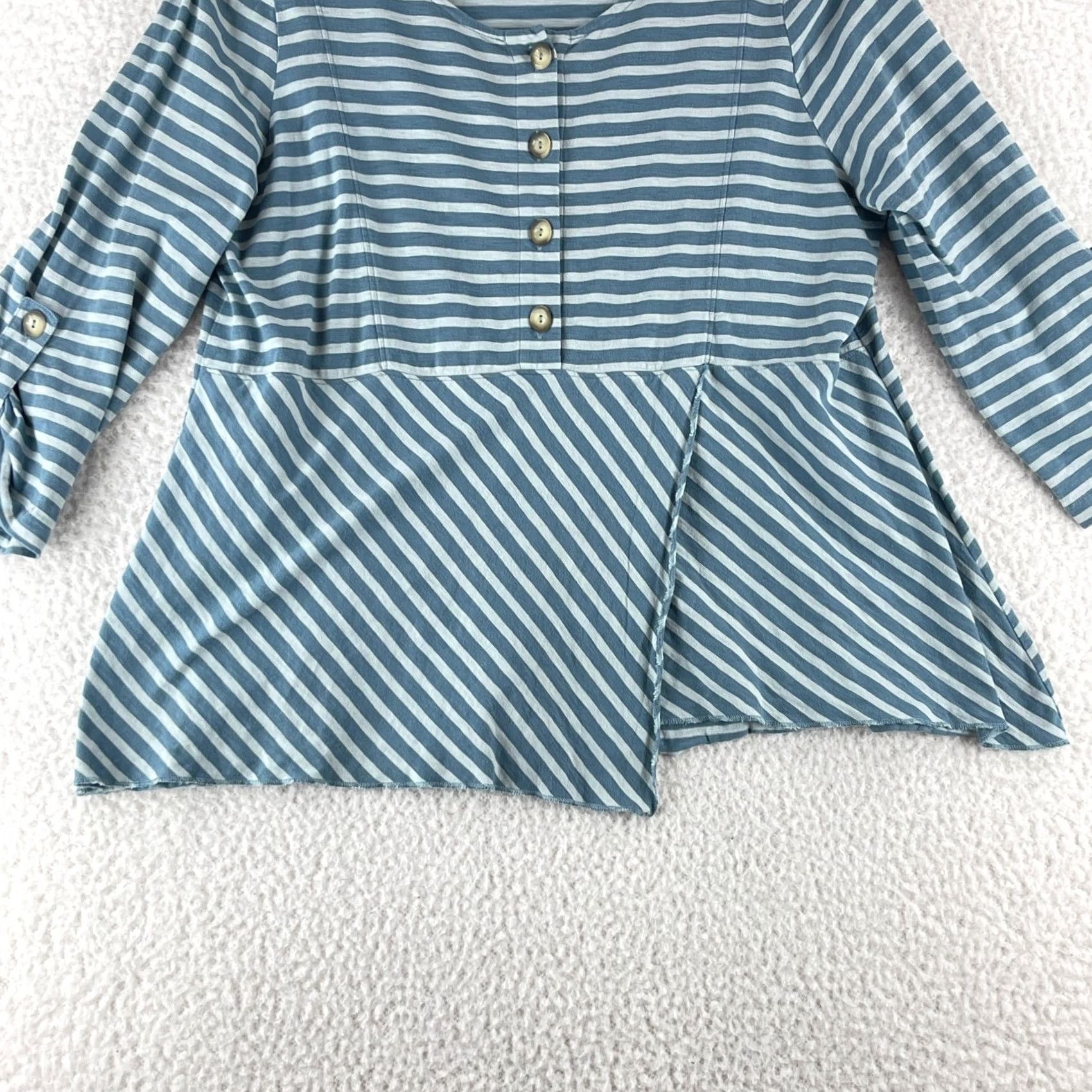 Soft Surroundings Soft Surroundings Preston Stripe Shirt Womens Large Green Roll Tab Sleeve Casual Size L / US 10 / IT 46 - 7 Thumbnail