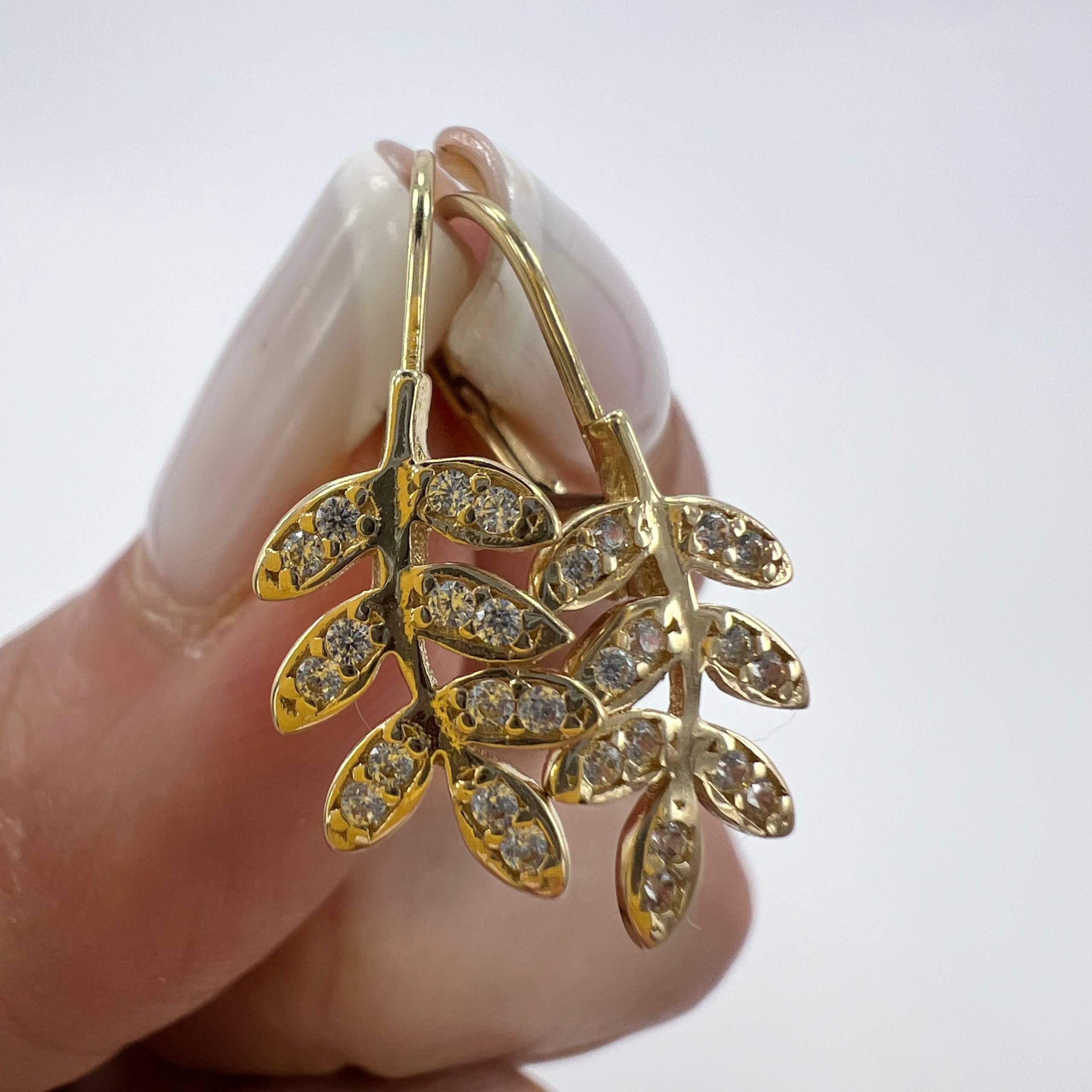 Other 14K Solid Gold Leaf Branch Earrings with CZ Stones Italy 2g Size ONE SIZE - 5 Thumbnail