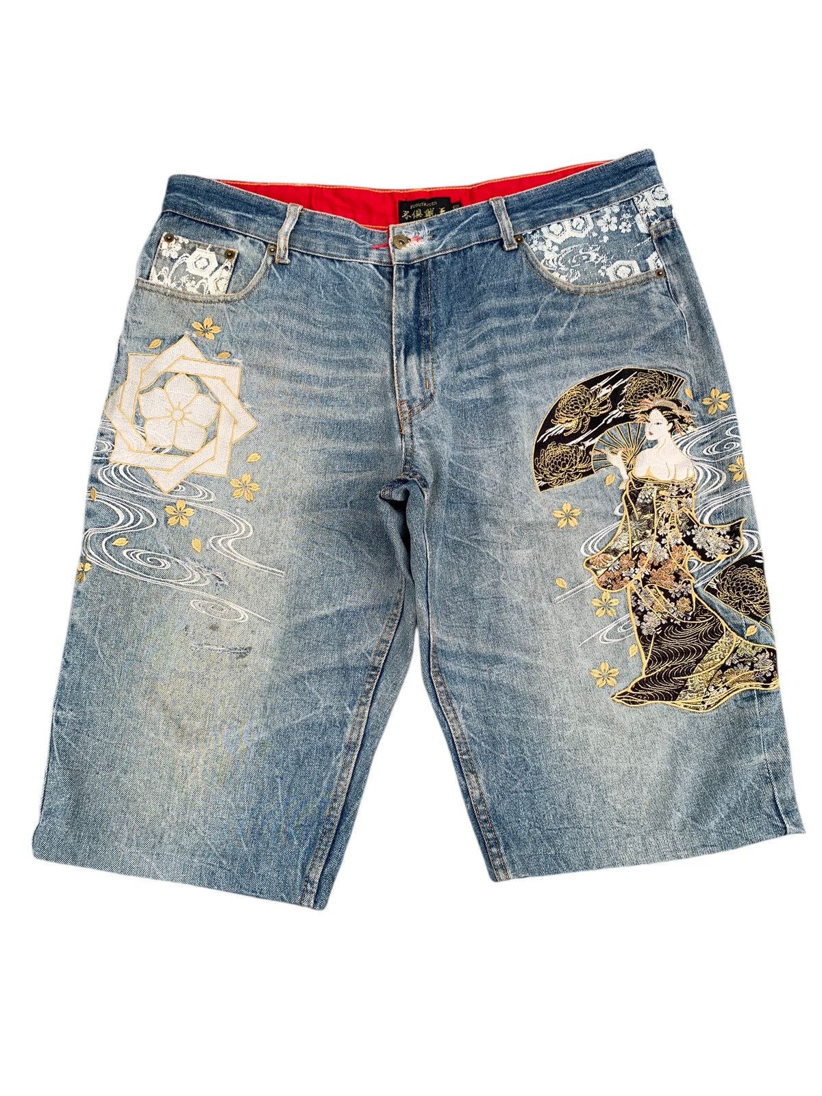 Kapital FUGUTAITEN GEISHA EMBROIDERY LIKE KARAKURI JORTS STYLE DENIM Size US 38 / EU 54 - 3 Thumbnail