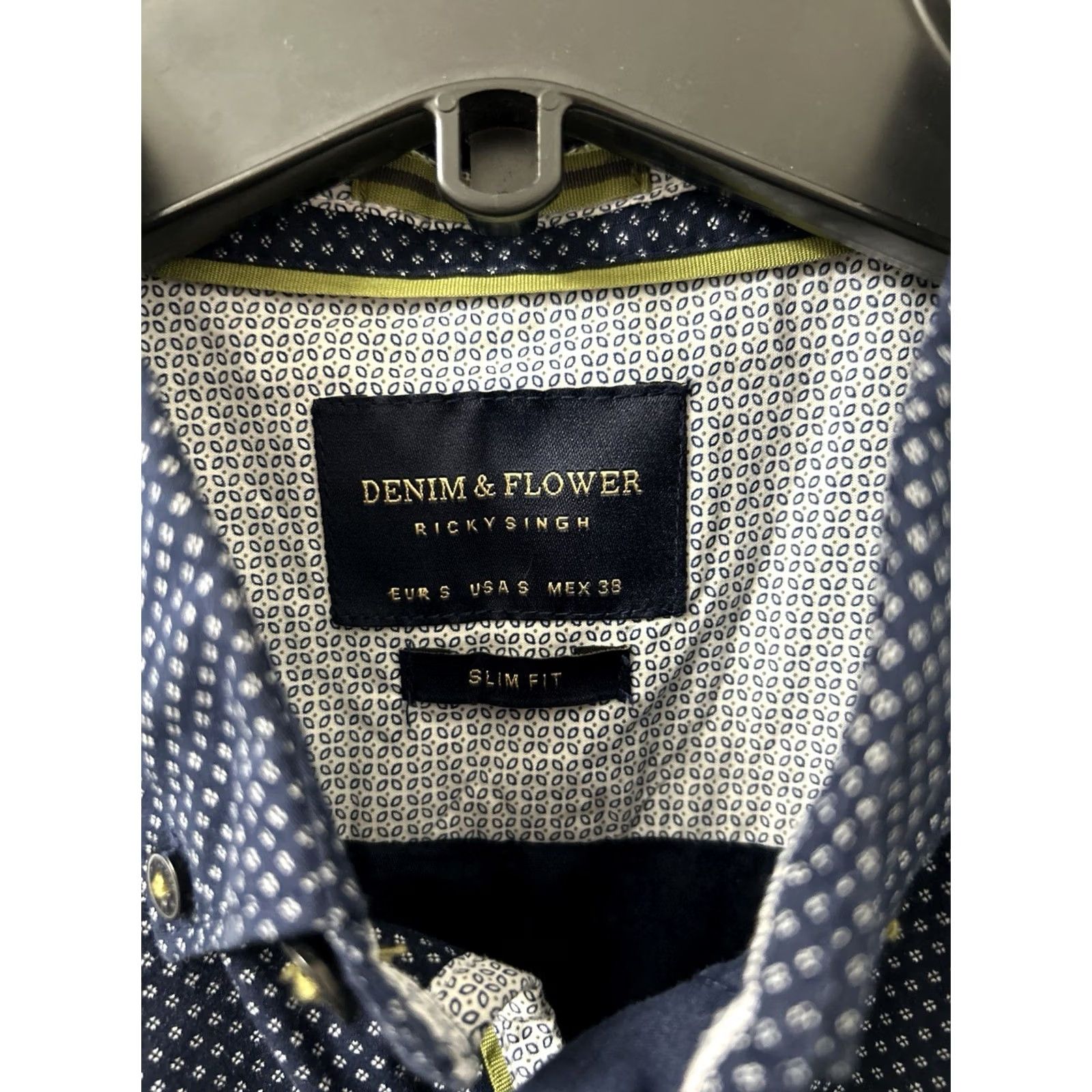 Denime DENIM & FLOWER Shirt Mens Small Blue Geometric Slim Button Down L/S Size US S / EU 44-46 / 1 - 5 Thumbnail