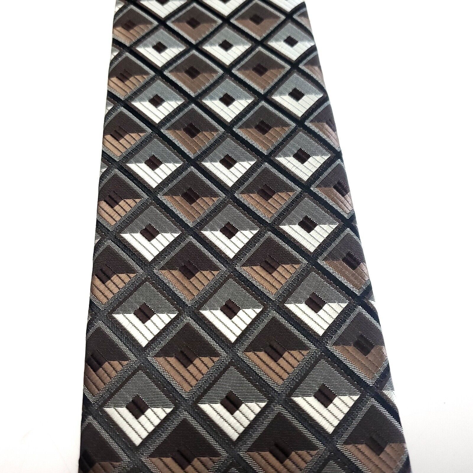 Stafford Stafford Essentials Brown White Silk Tie Woven Geometric Size ONE SIZE - 2 Thumbnail