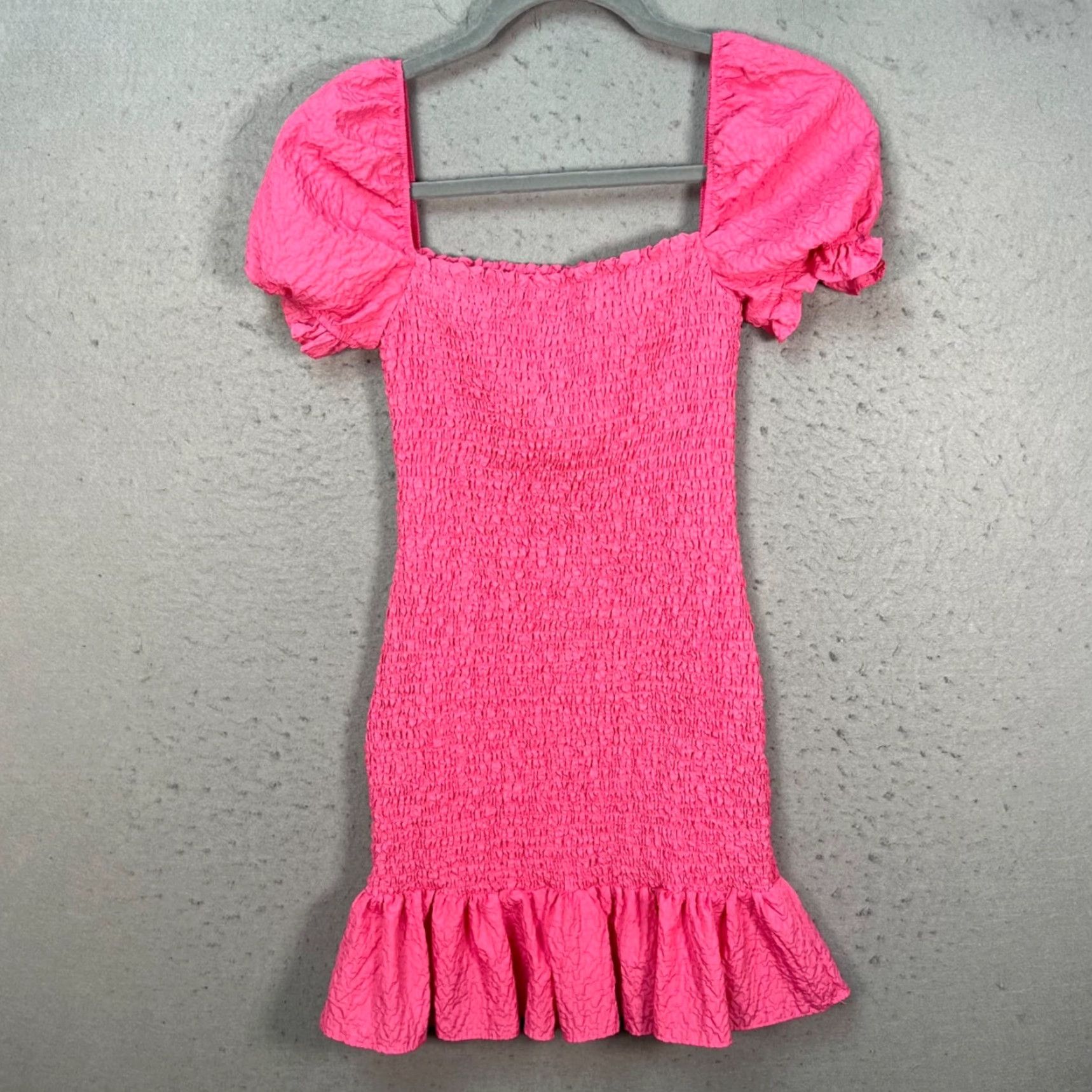 Zara Zara XS Pink Smocked Puff Sleeve Mini Dress W/ Ruffle Hem, Square Neck, Short Sleeve, Polyester, Solid, Casual, Womens, Mini Dress Size XS / US 0-2 / IT 36-38 - 2 Thumbnail