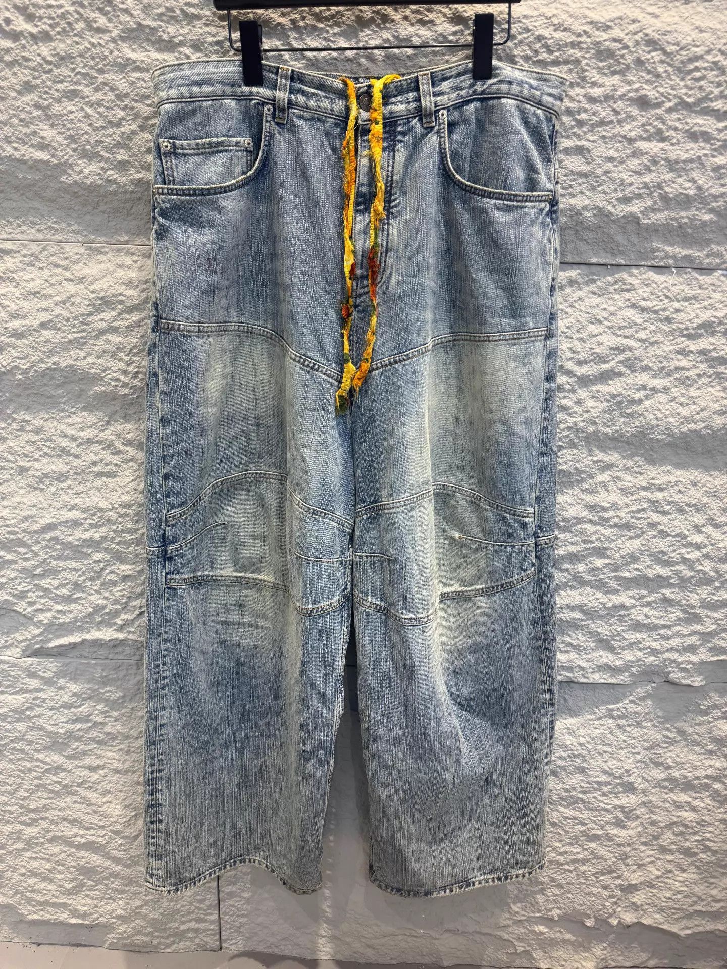 Balenciaga Blue Denim Cargo Pants with Yellow Drawstring Size US 31 - 1 Thumbnail