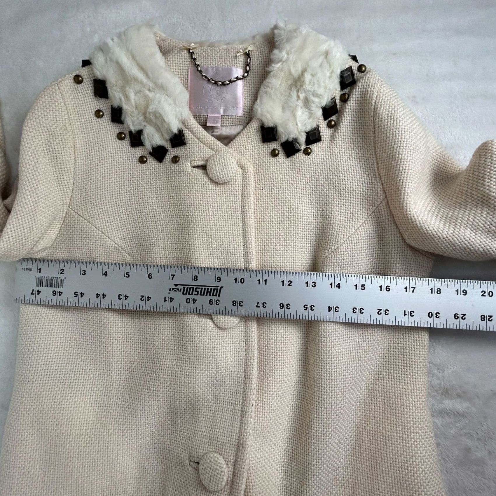 Rebecca Taylor Rebecca Taylor Womens Cream Wool Fur Collar Embellished Tweed Coat Jacket Size 6 Size M / US 6-8 / IT 42-44 - 7 Thumbnail