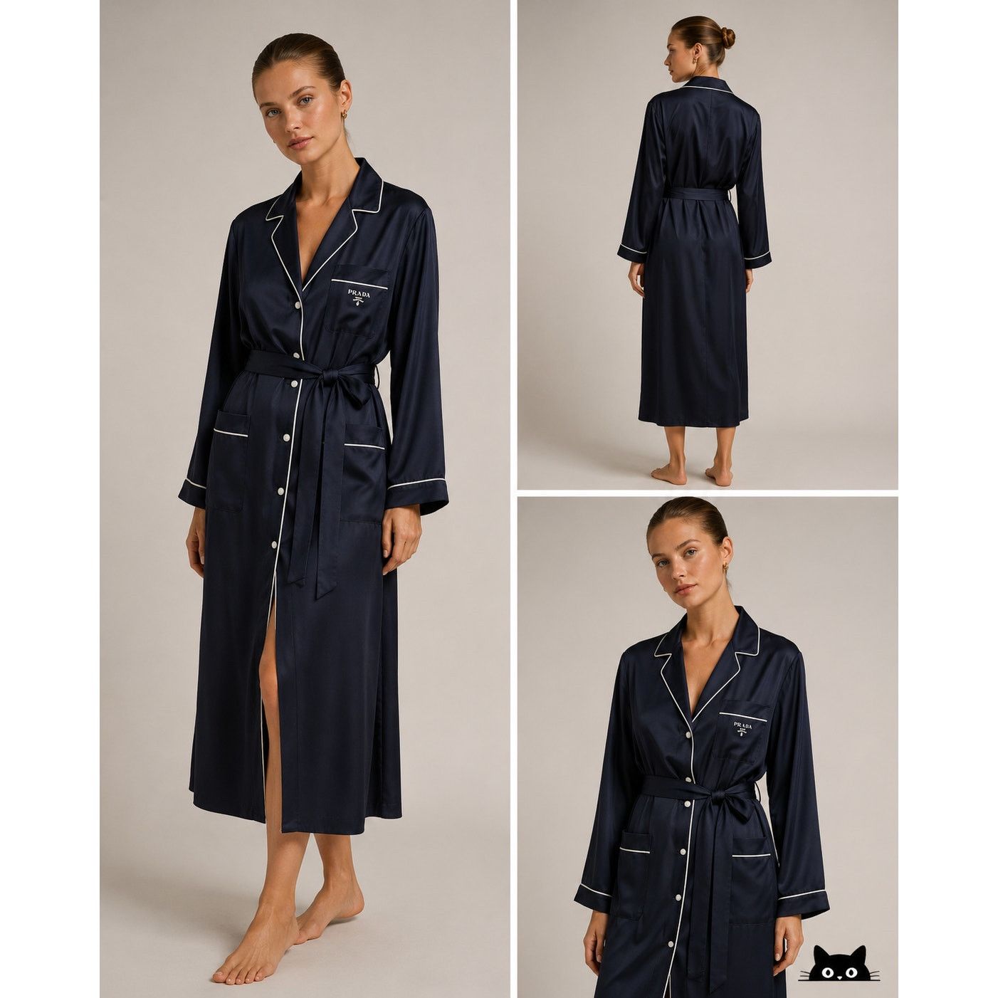 Prada NWT Prada Bleu Black Twill White Trim Belted Robe 44 / M Size ONE SIZE - 4 Thumbnail