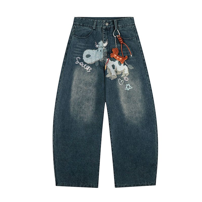 Jean American-style fun cow print washed curved jeans Size US 32 / EU 48 - 1 Thumbnail