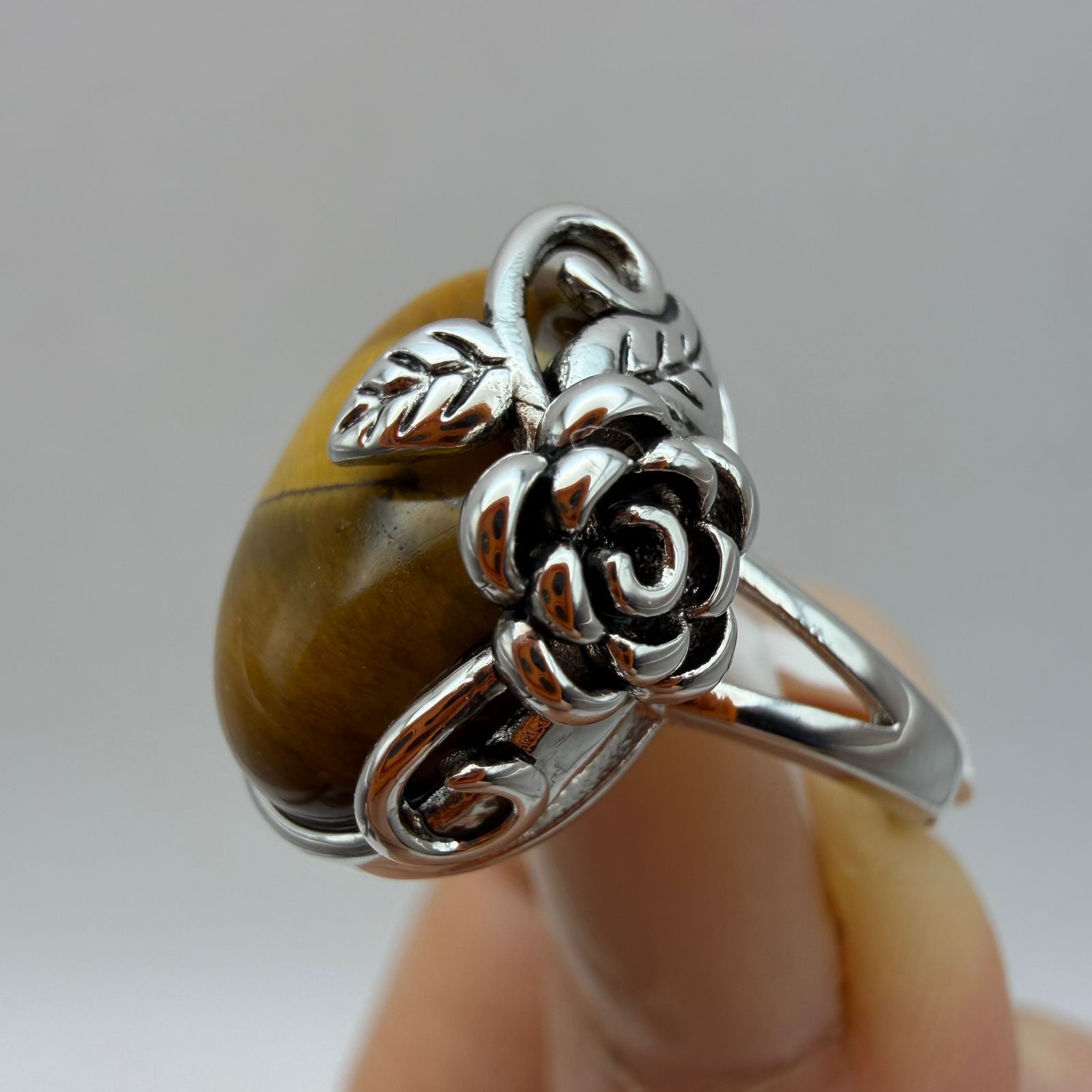 Sterling Silver 925 Silver Tiger Eye Ring Vintage Flower Adjustable Size ONE SIZE - 5 Thumbnail