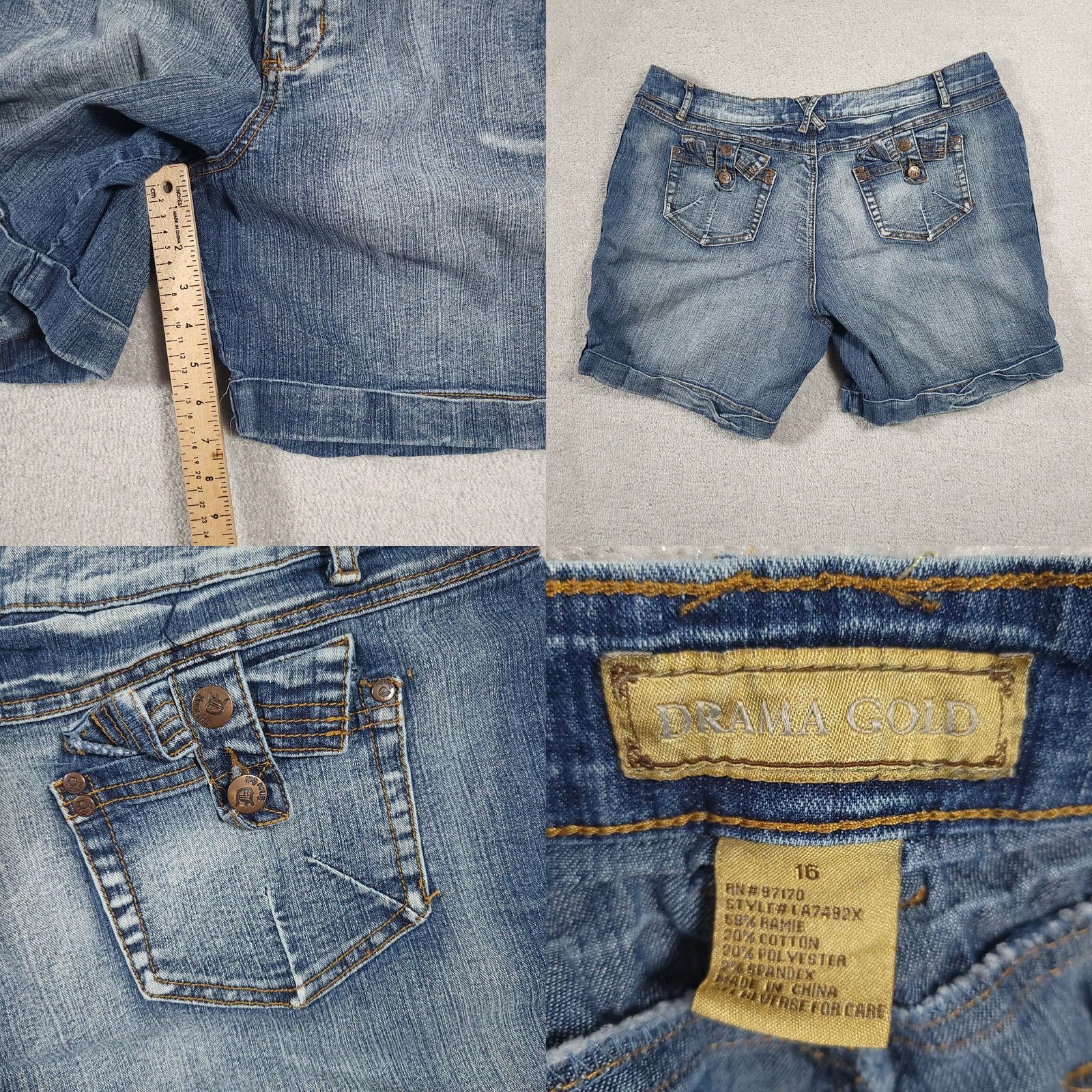 Denime Drama Gold Women's Shorts 16 Denim Stretch Rolled Leg 7" Blue Pockets Buttons Size 40" / US 18 - 8 Thumbnail