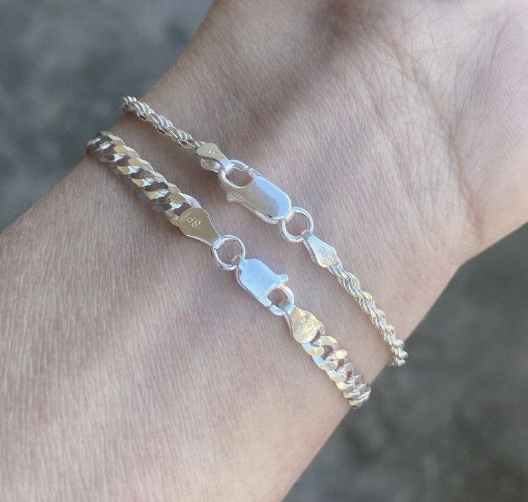 Jewelry Silver Bracelets 7in 3mm Rope Chain And 7in 4mm Cuban Curb Size ONE SIZE - 2 Thumbnail