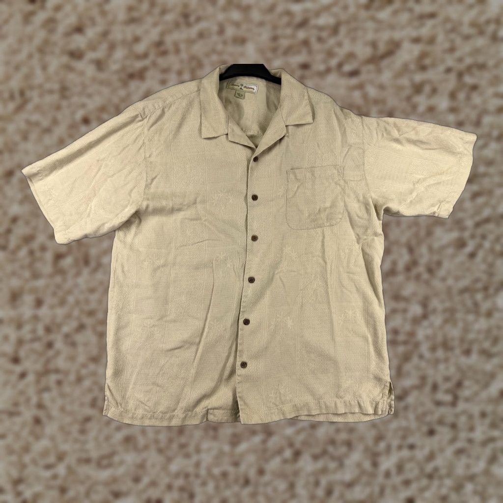 Tommy Bahama VINTAGE Tommy Bahama Shirt Mens Large Beige Palm Tile Pattern Silk Hawaiian Button Up Size US L / EU 52-54 / 3 - 1 Thumbnail