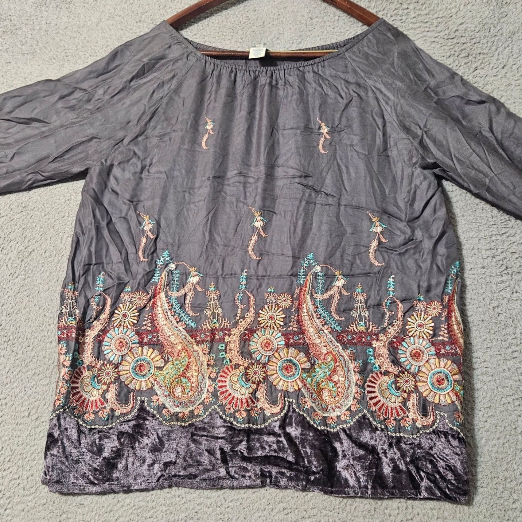 Vintage Sundance Embroidered Velvet Top Gray Boho Popover Size Medium Women's Size M / US 6-8 / IT 42-44 - 2 Thumbnail