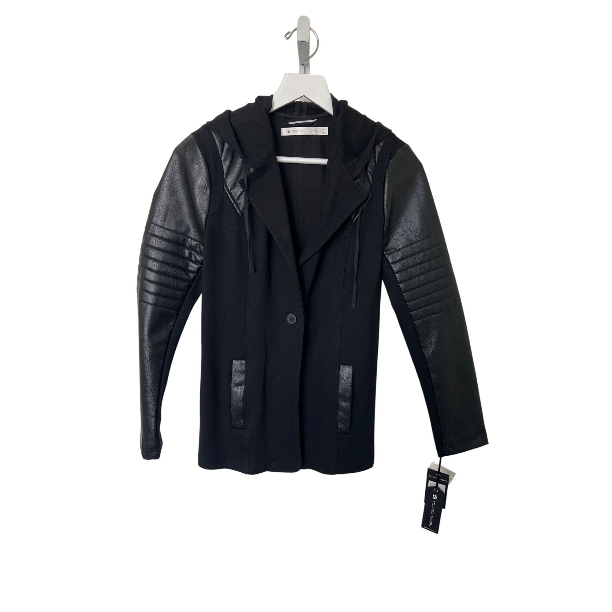 Blanc Noir Blanc Noir Black Hooded Moto Blazer With Faux Leather Trim Size S / US 4 / IT 40 - 1 Thumbnail