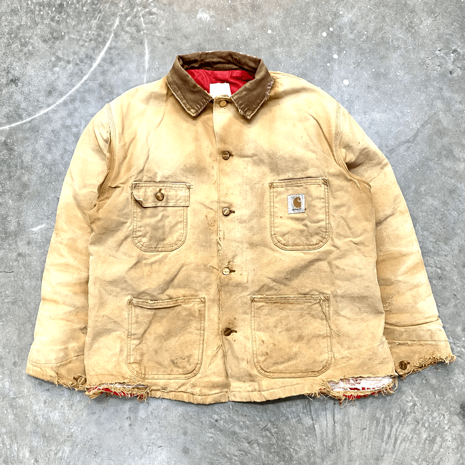 Image of VTG 90's Carhartt Distressed Thrashed Chore Jacket Workwear in Tan, Men's (Size XL)