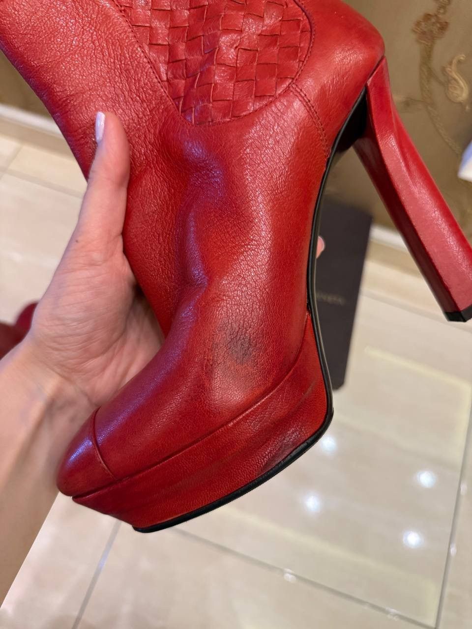 Bottega Veneta Bottega Veneta Red Leather Intrecciato Platform Ankle Boots Size US 10 / IT 40 - 9 Thumbnail