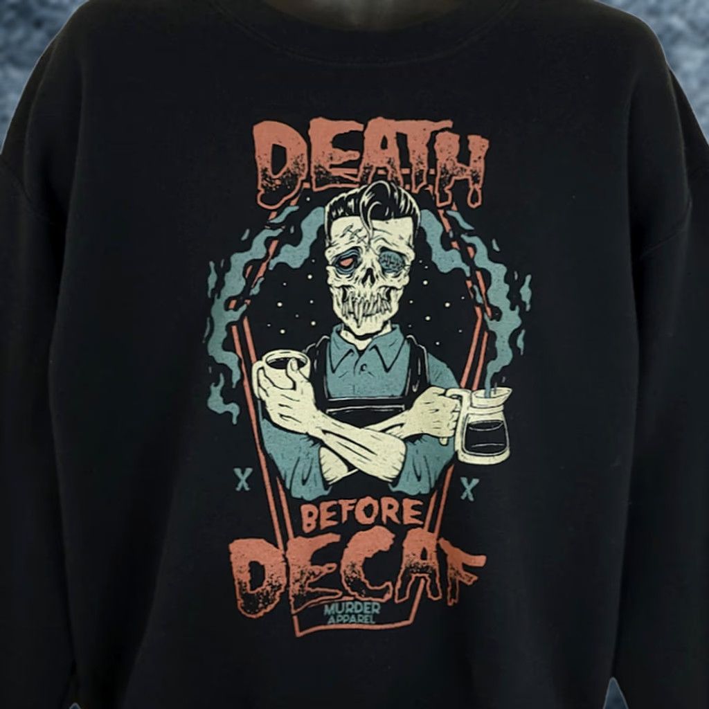 Gildan Death Before Decaf Sweatshirt Mens Size Large Skull Coffee Rockabilly Skeleton Gildan Size US L / EU 52-54 / 3 - 1 Thumbnail