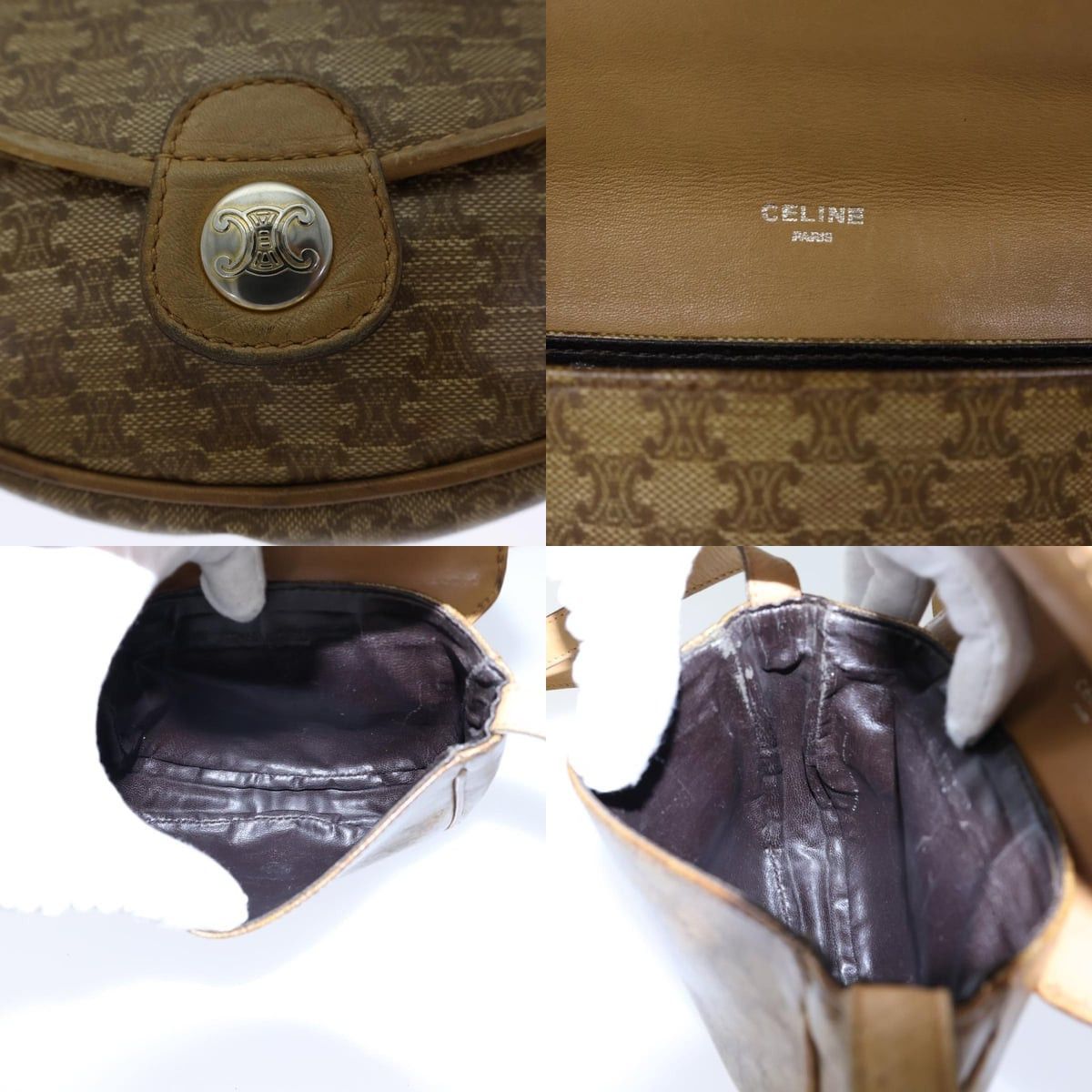 CELINE Macadam Canvas Shoulder Bag Coated Canvas Beige