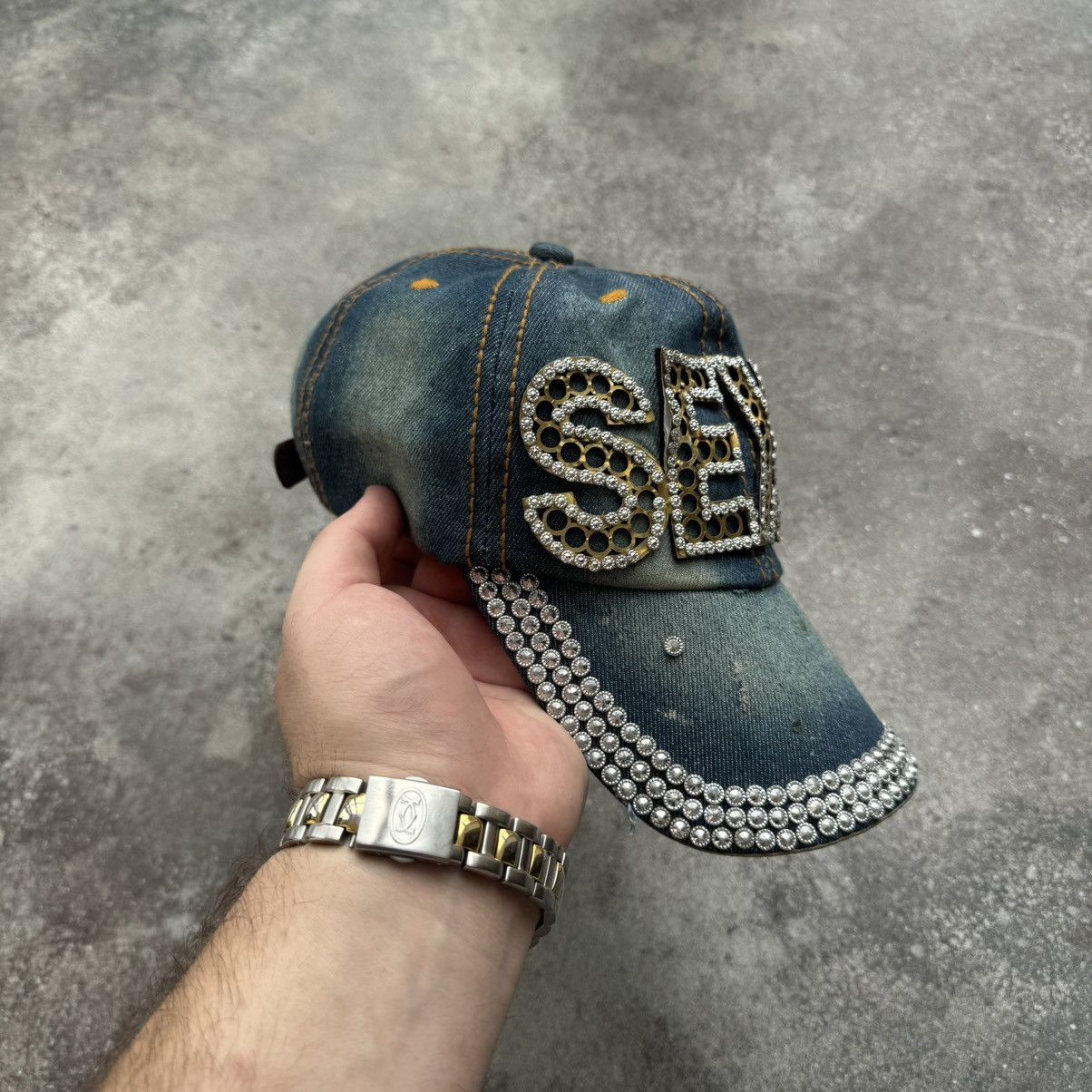 Hysteric Glamour × Japanese Brand × Vintage SEXY Rhinestones Y2K Unisex Washed Denim Cap Size ONE SIZE - 2 Thumbnail