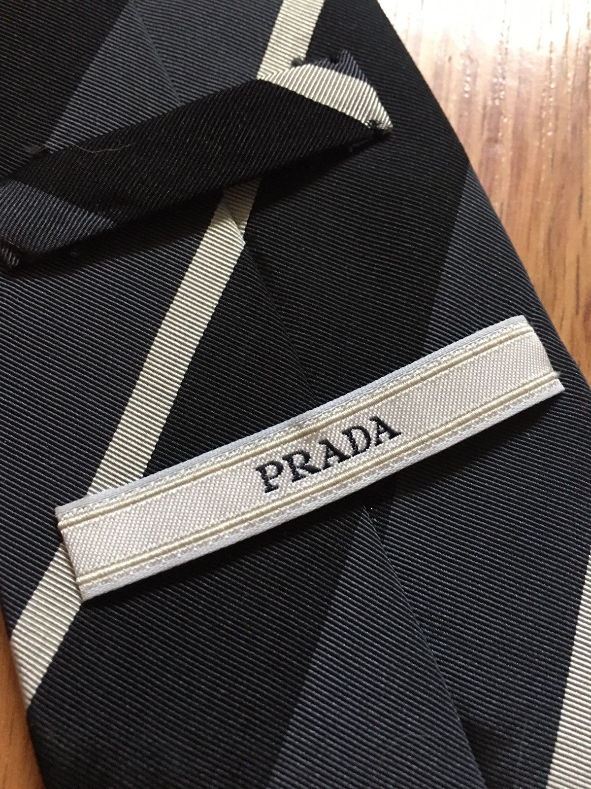 Prada PRADA Black Grey Striped Italy Cotton Silk Mens Tie Size ONE SIZE - 3 Thumbnail