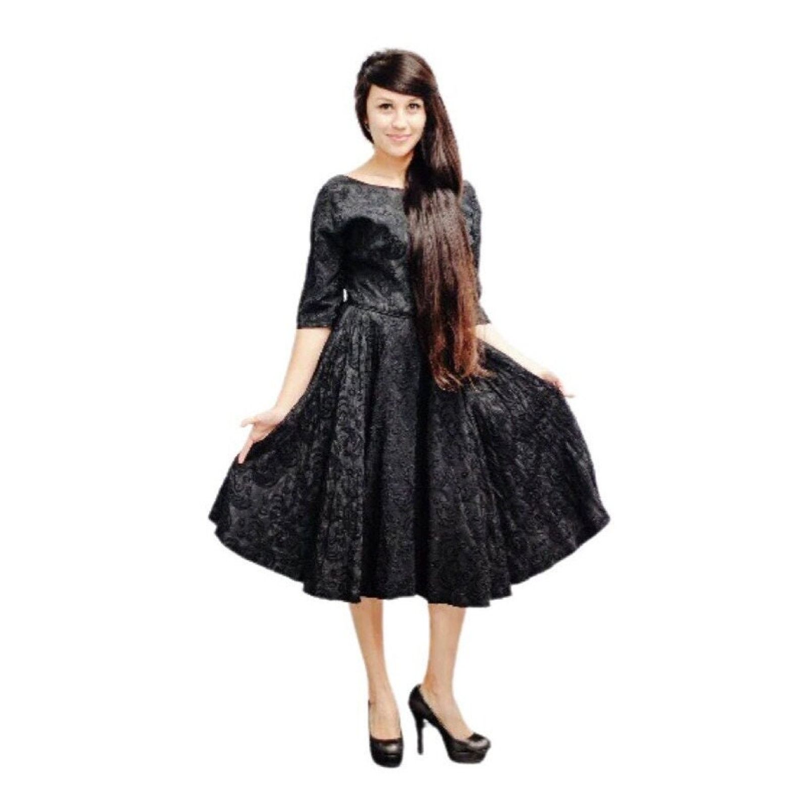 Vintage Vintage 1950s Textured Black Dress with Full Skirt Small Size S / US 4 / IT 40 - 1 Thumbnail