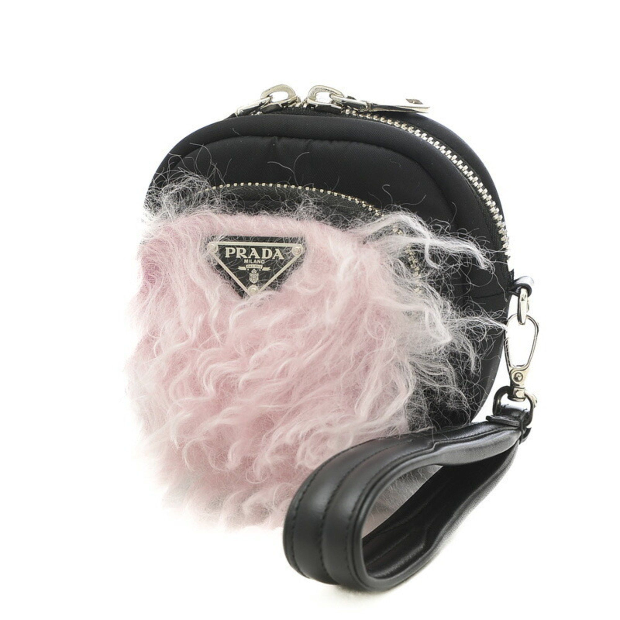 image of Prada Cargo Clutch Bag Pouch Multi Case Nylon/fur Black/pink 1Ne028, Women's