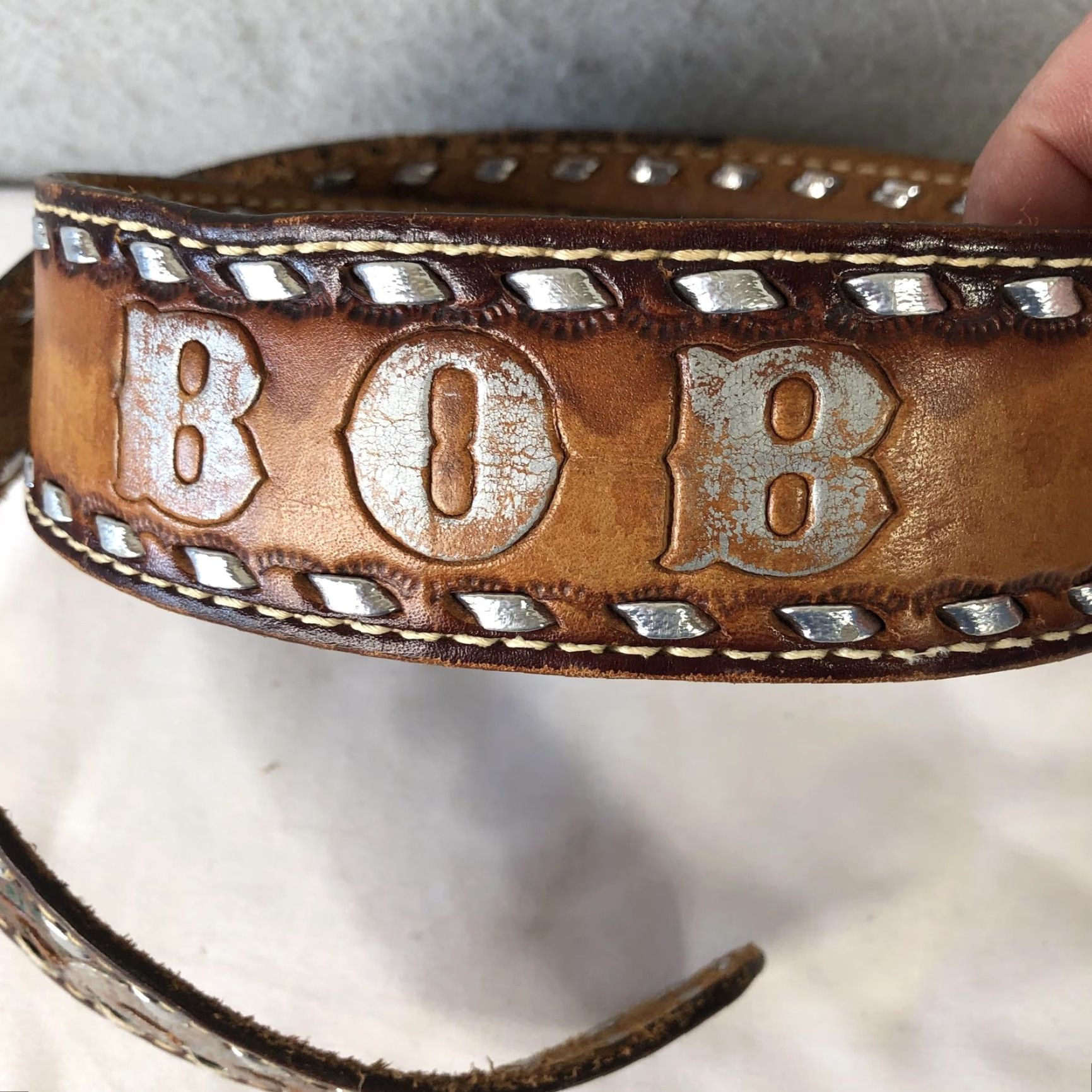 Vintage Belt Mens 36 Brown Leather Western Armadillo Studded Name BOB Animal Design Size 36 - 2 Thumbnail