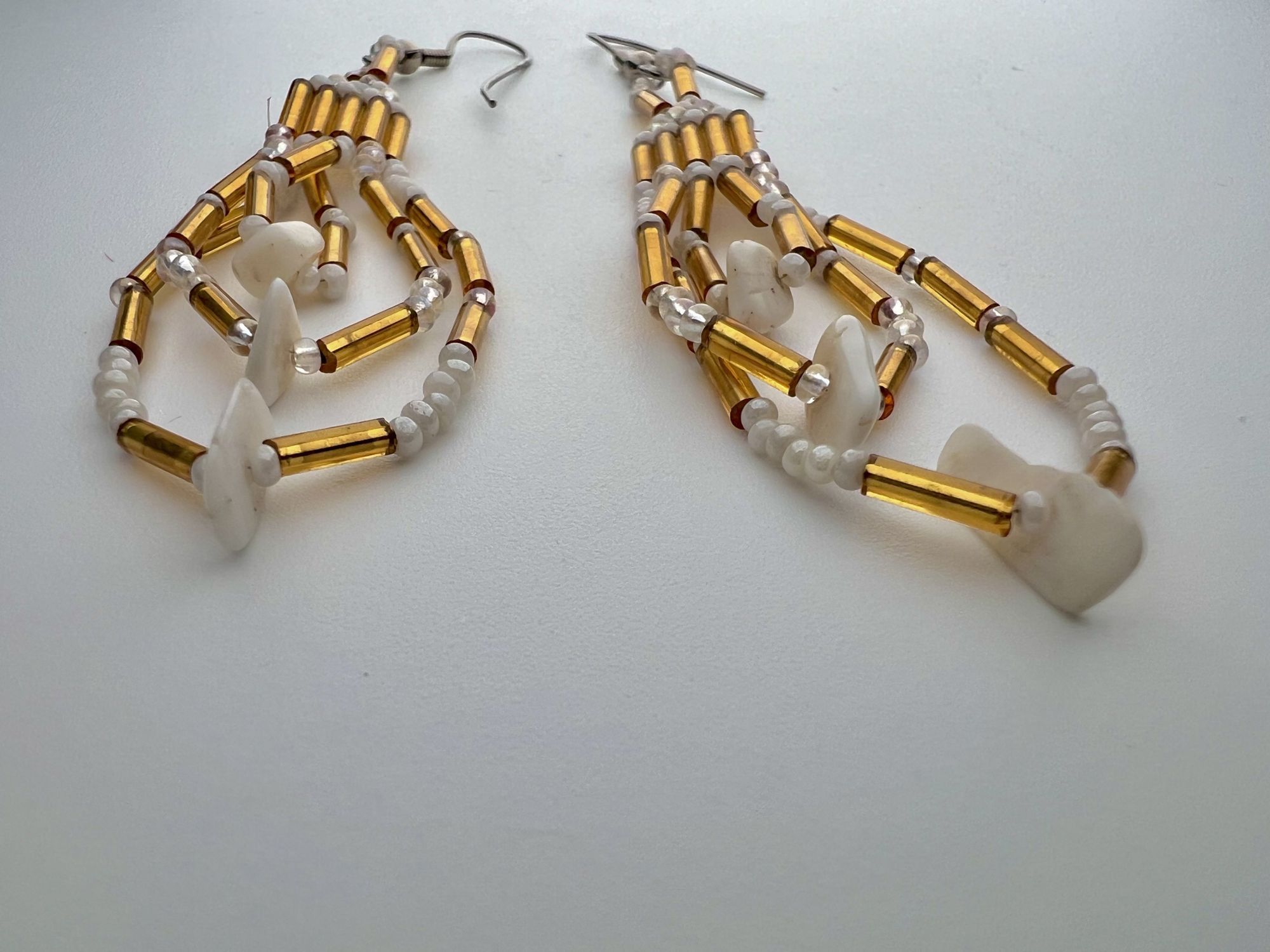 Designer Handmade Gold & White Beaded Dangle Earrings Pierced Ears Size ONE SIZE - 6 Thumbnail