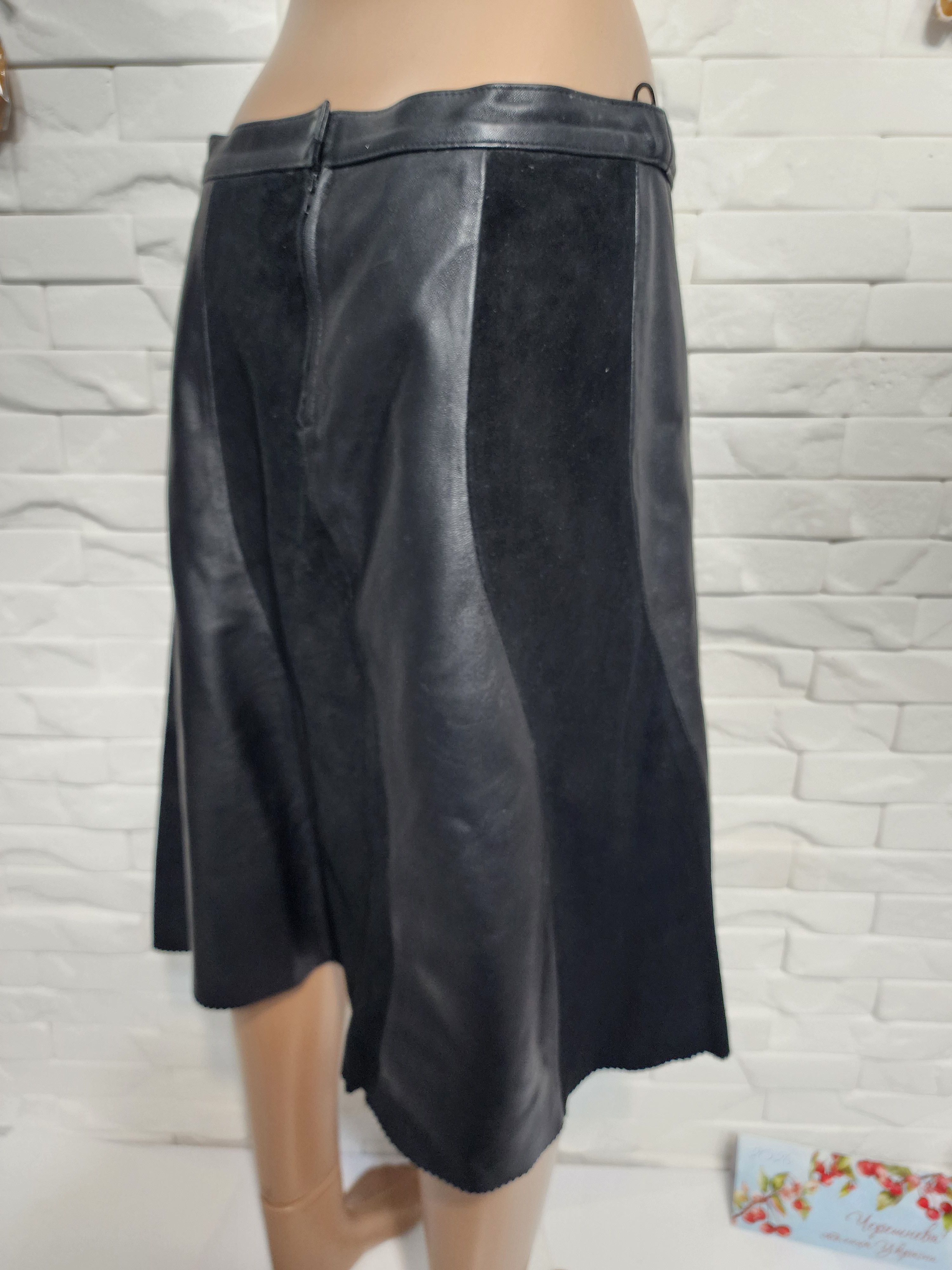 Other Black Leather & Suede Pleated Skirt Size 31" - 6 Thumbnail