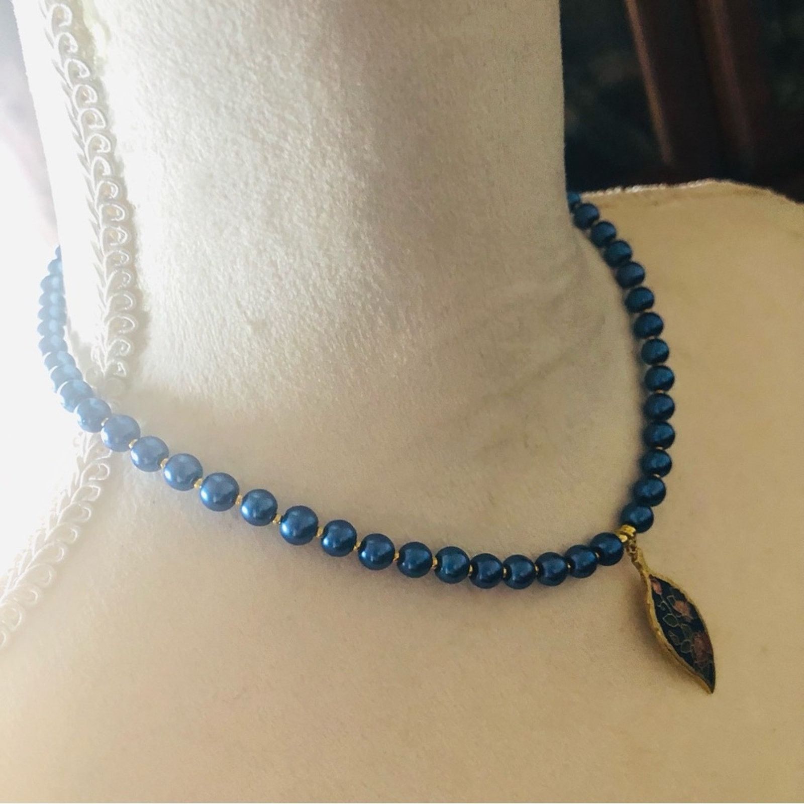Handmade Handcrafted repurpose blue cloisonné pendant Pearl necklac Size ONE SIZE - 3 Thumbnail
