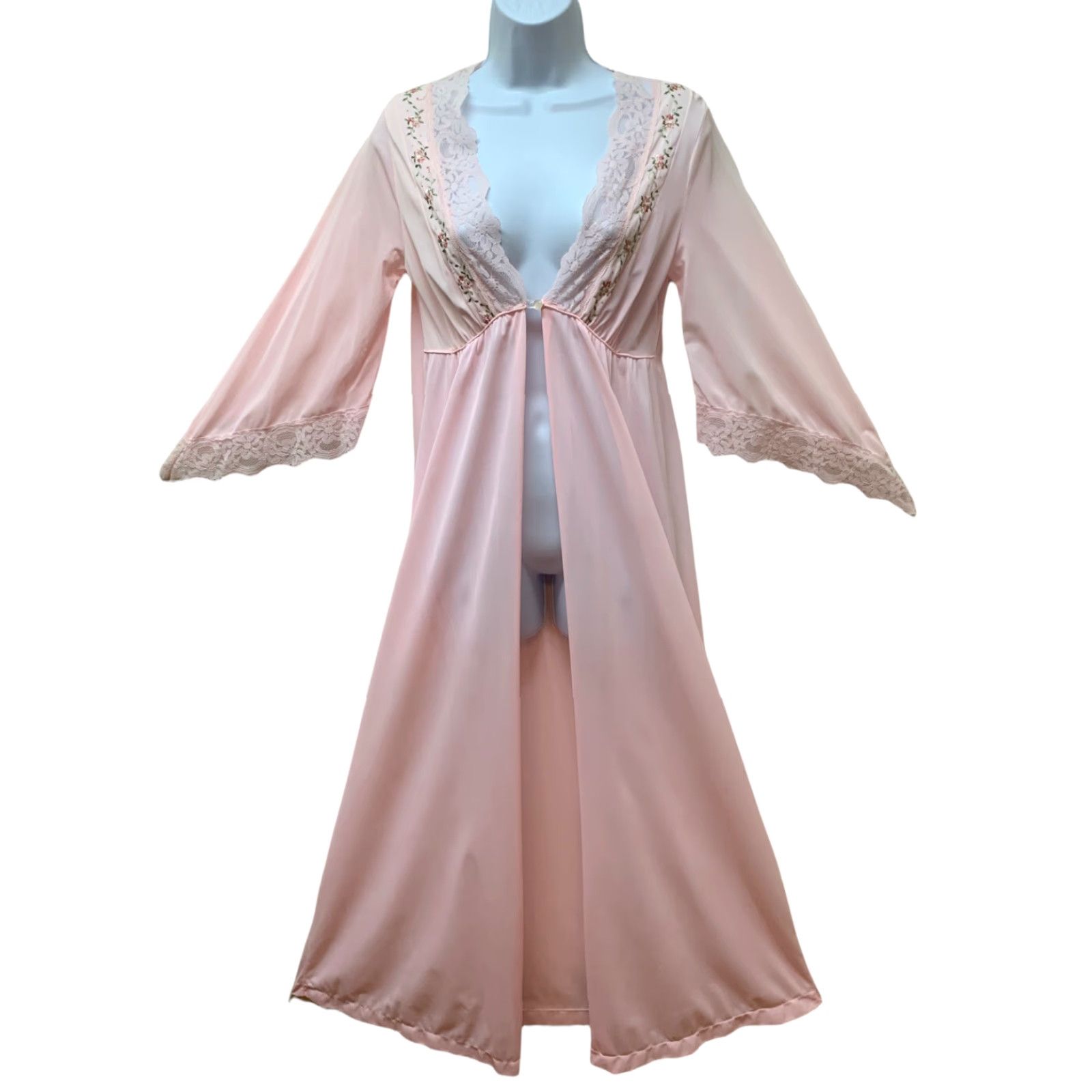Bell VINTAGE Pink Bell Sleeve Silky Nylon Lace Embroidered Floral Peignoir Robe M Size ONE SIZE - 2 Thumbnail