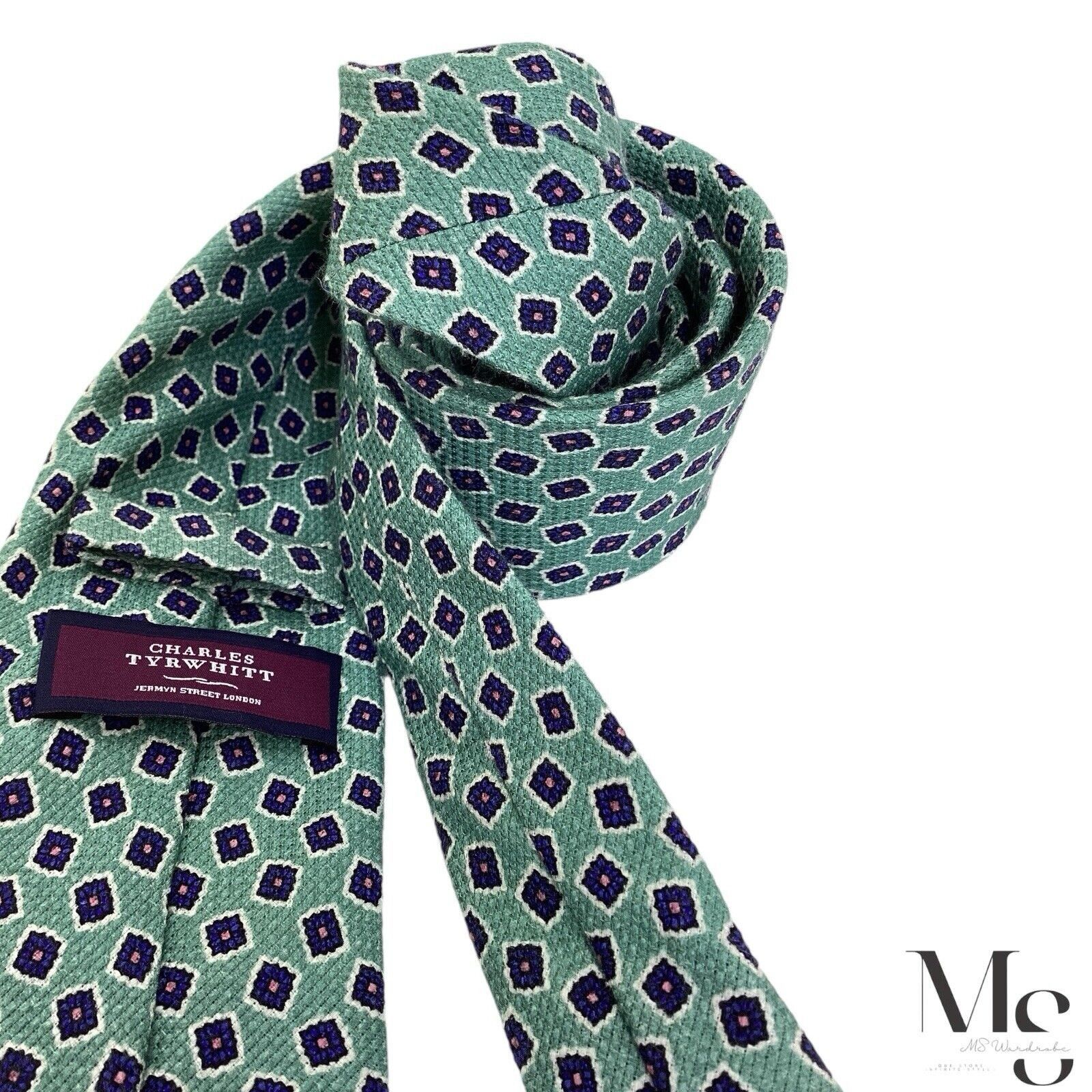 Charles Tyrwhitt CHARLES TYRWHITT XL Green Geometric Silk Blend Tie H.Made In Size ONE SIZE - 4 Thumbnail