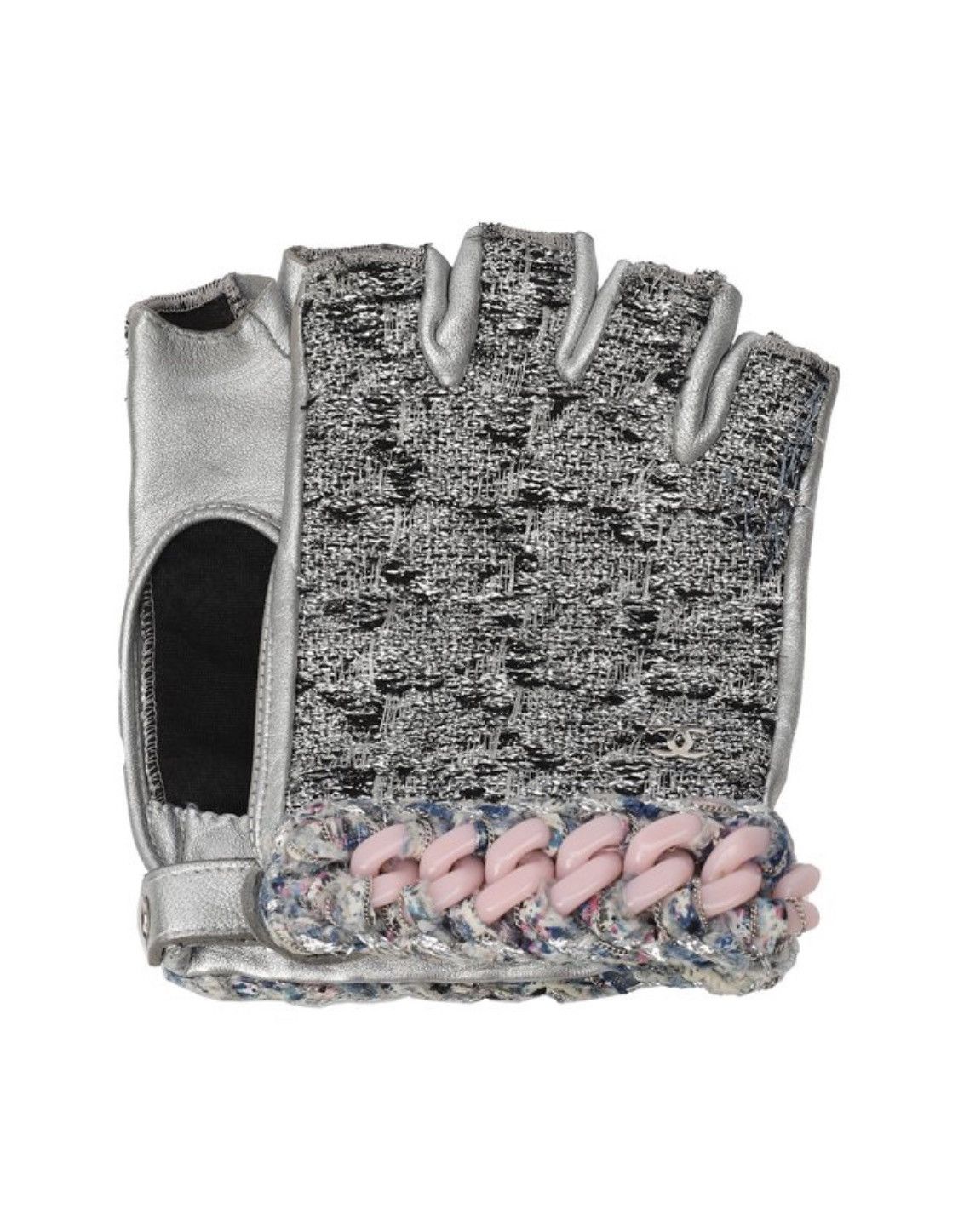 image of Chanel Leather Embellished Fingerless Mittens Gloves Biker in Silver, Men's