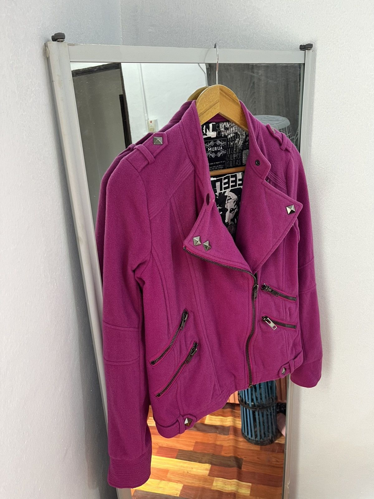Japanese Brand MURUA Wool Biker Jacket Pink Studded Moto Japan Size S / US 4 / IT 40 - 2 Thumbnail
