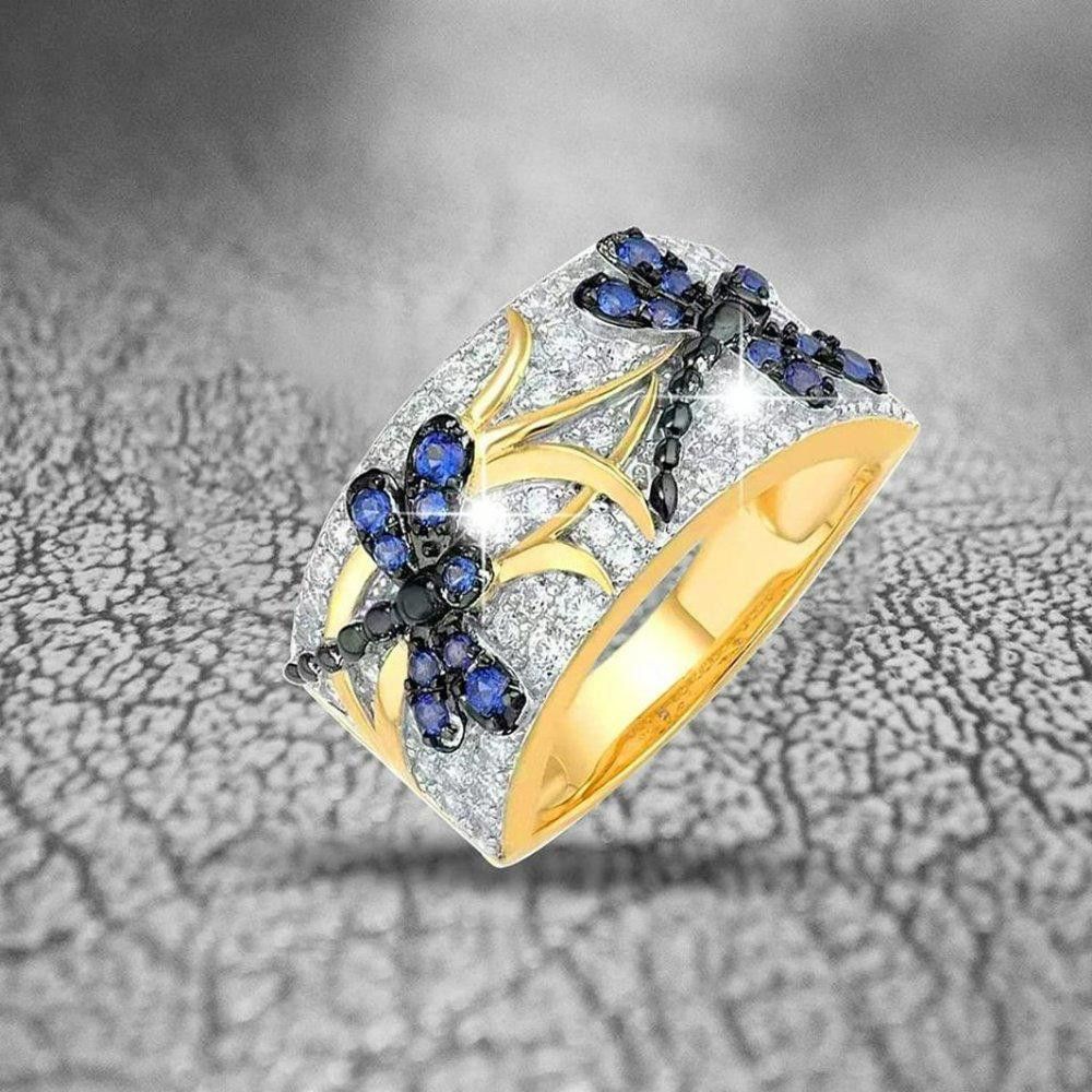 Designer Blue Dragonfly Inlaid Crystal Gold Ring - Size 6 Size ONE SIZE - 7 Thumbnail