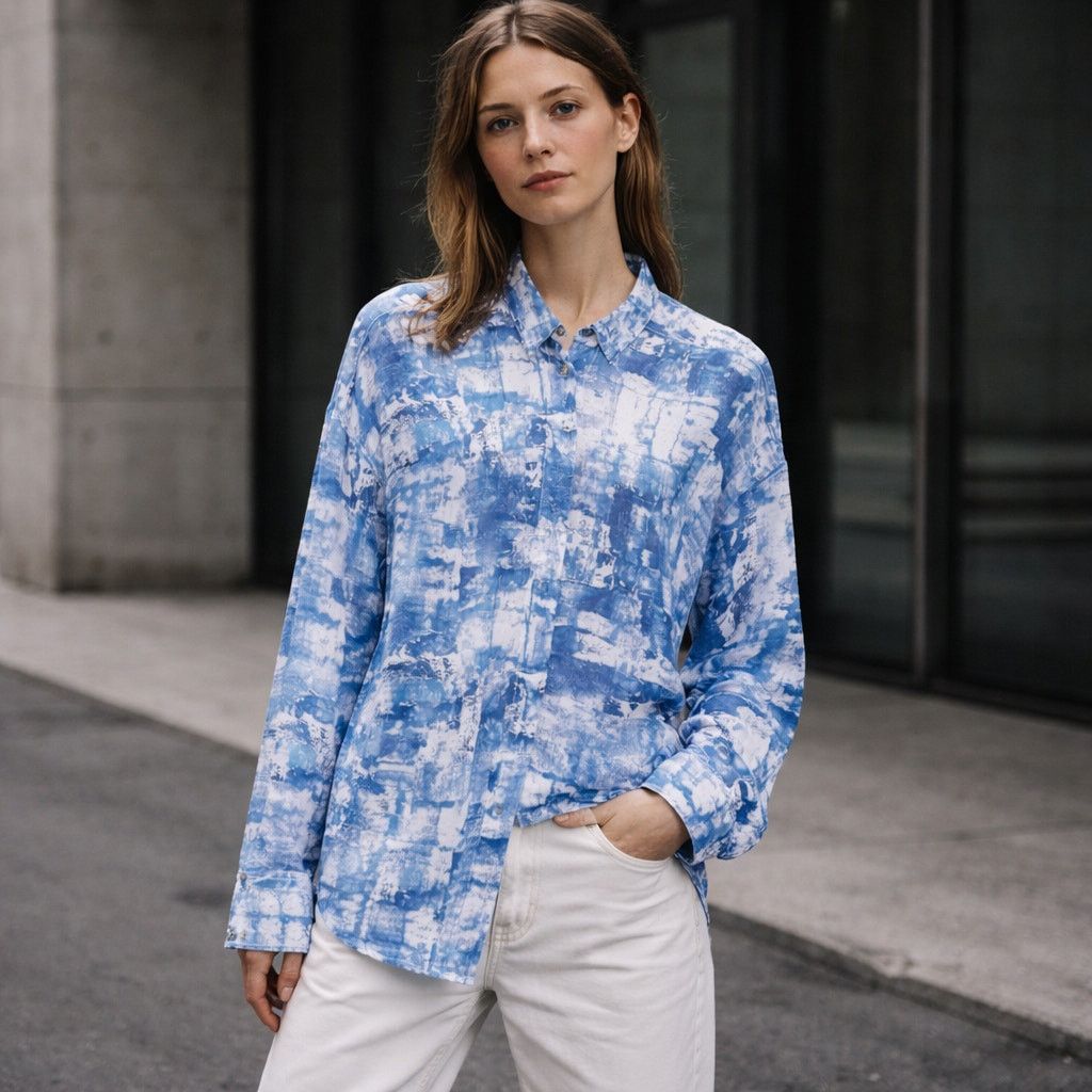 Helmut Lang HELMUT LANG Button up Shirt Blue white Print Long Sleeve Size L / US 10 / IT 46 - 1 Thumbnail