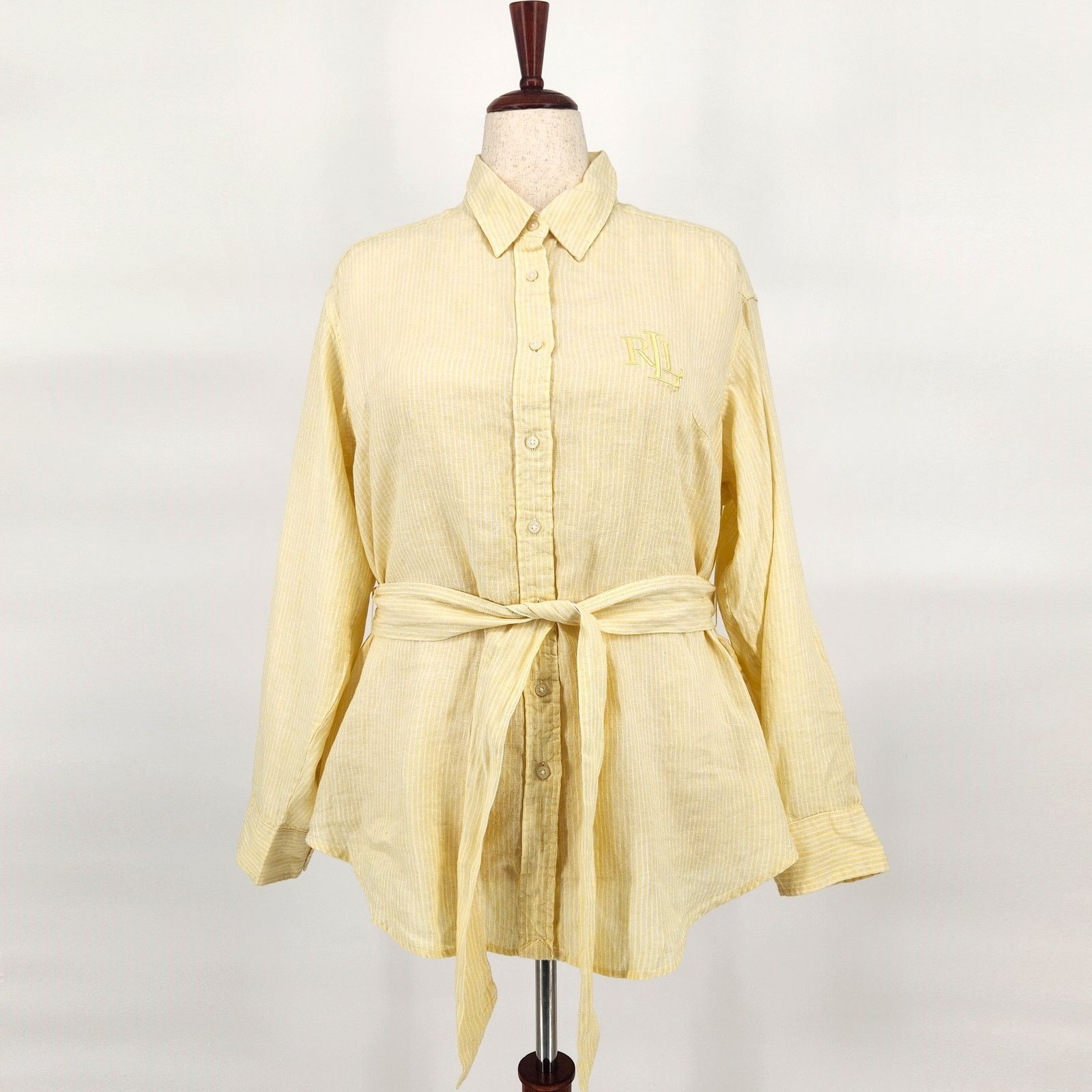 image of Lauren Ralph Laurent Women Yellow Linen Button Shirt Size Xl