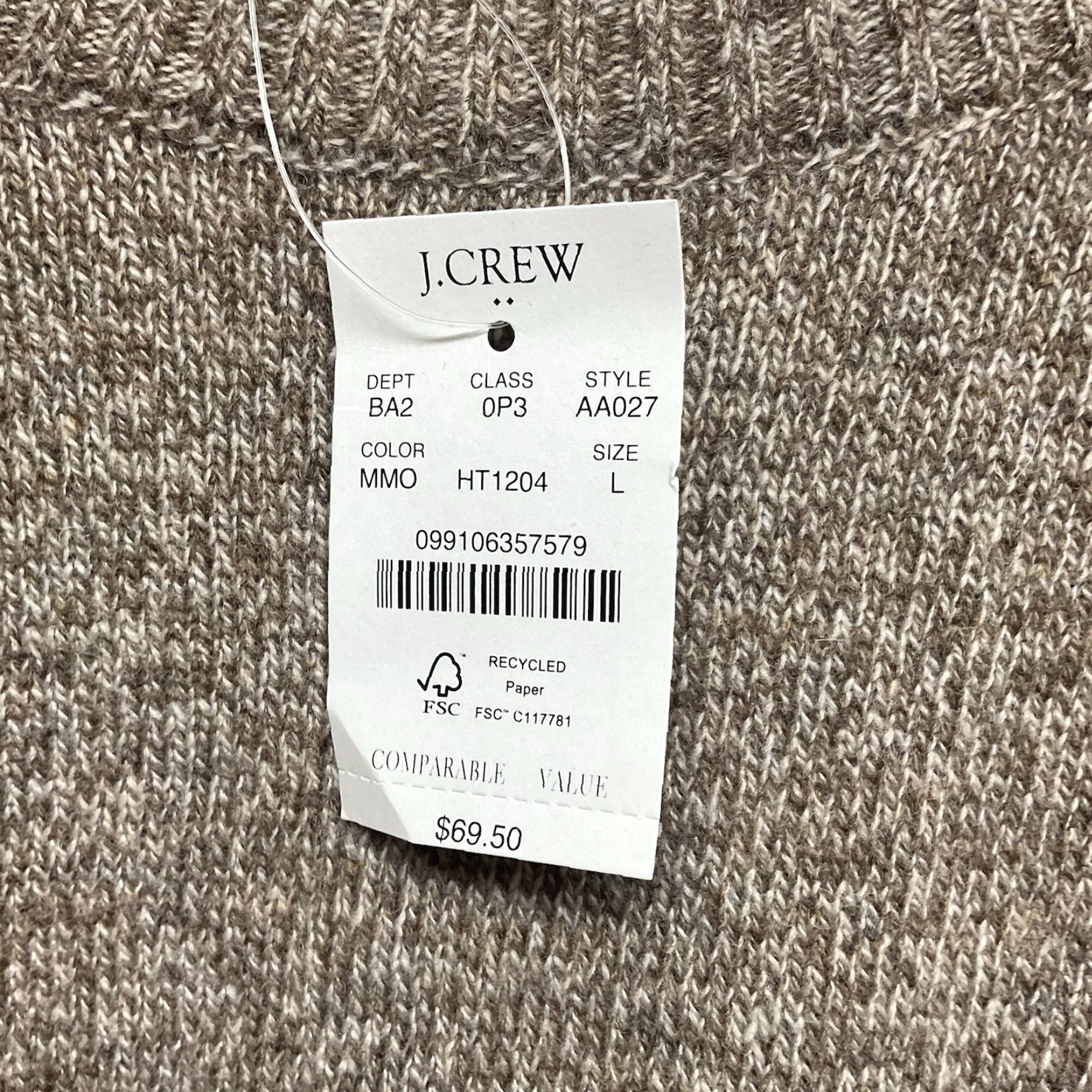 J.CREW Sweater Mens Large Oatmeal Gray Lambswool Blend Crewneck Pullover NWT Knit Jumper Crew Neck