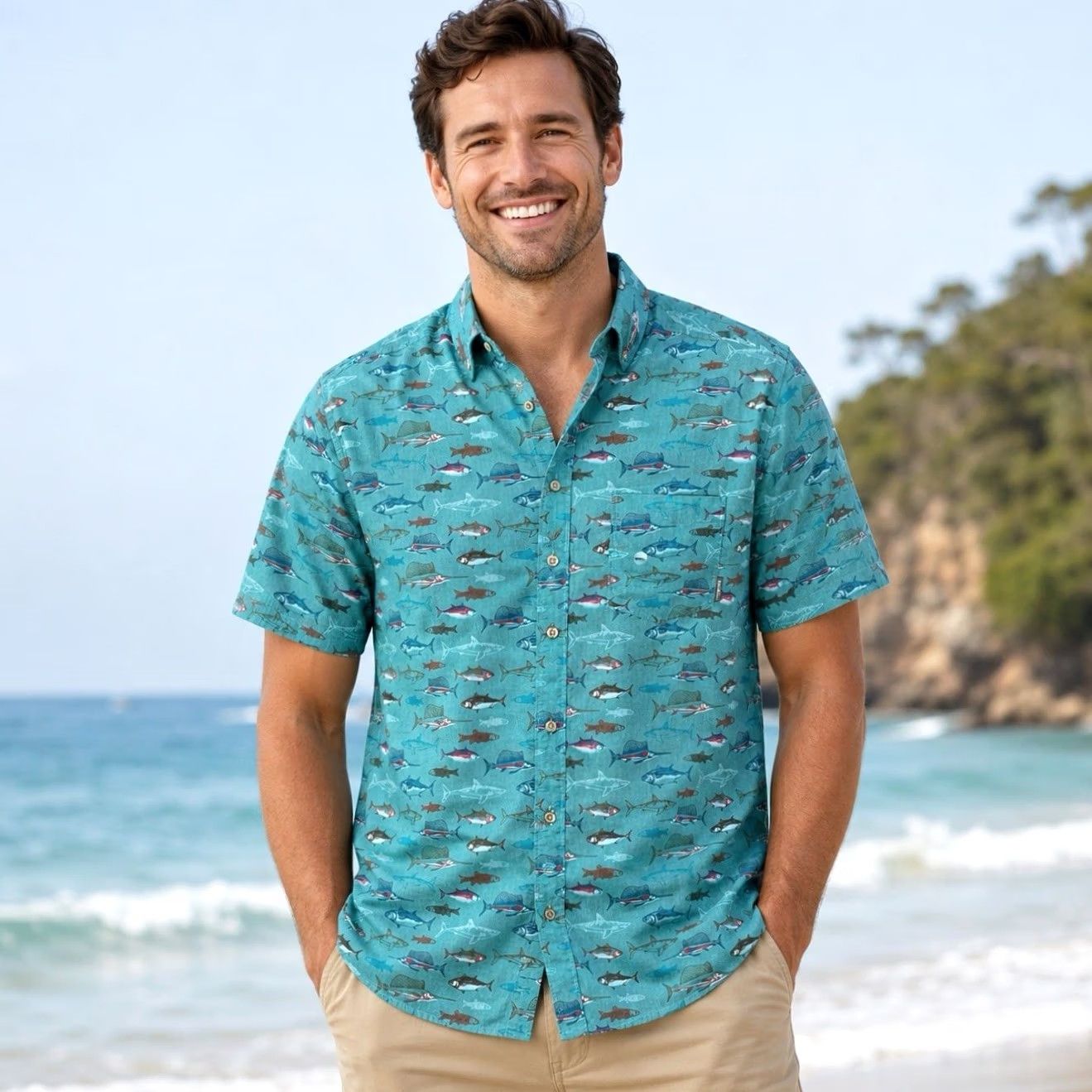 Eddie Bauer Eddie Bauer Shirt Men 2XL Green Mr. Baja Fish All Over AOP Classic Fit Button-Up Shirt Size US XXL / EU 58 / 5 - 2 Thumbnail